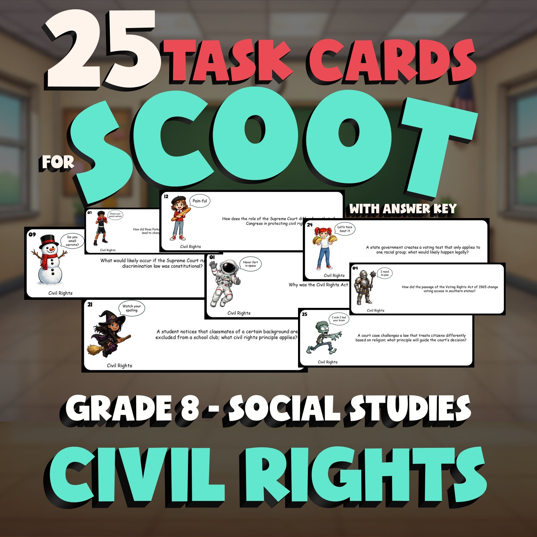 Civil Rights SCOOT TASK CARDS Socials Game - No Prep Grade 8 Review Activity