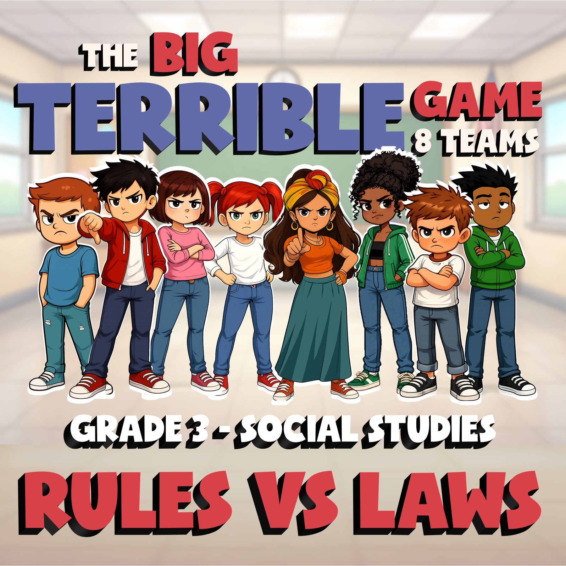 Rules vs Laws BIG TERRIBLE GAME - No Prep Grade 3 Socials Review Activity