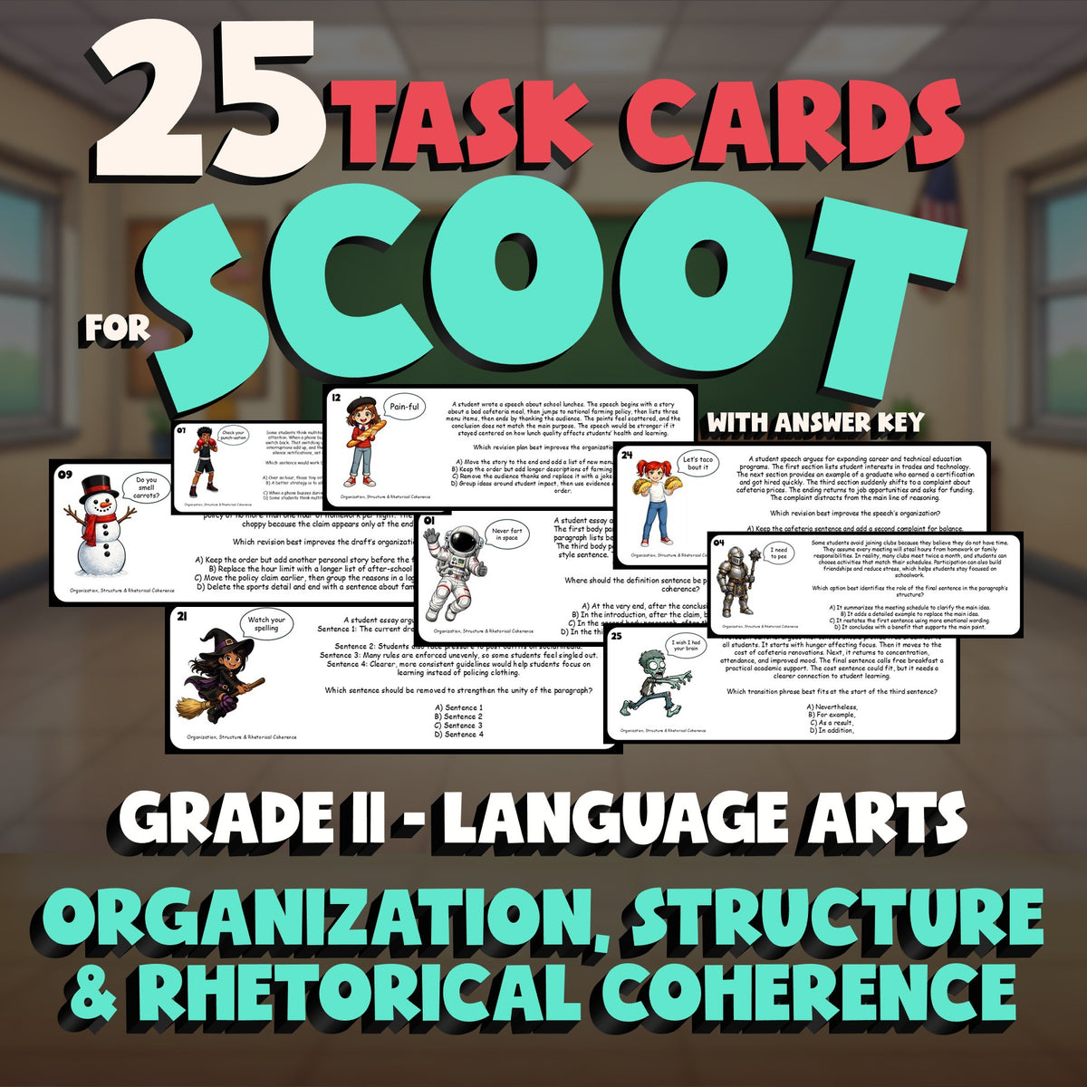 Organization, Structure & Rhetorical Coherence SCOOT TASK CARDS ELA Game - G11