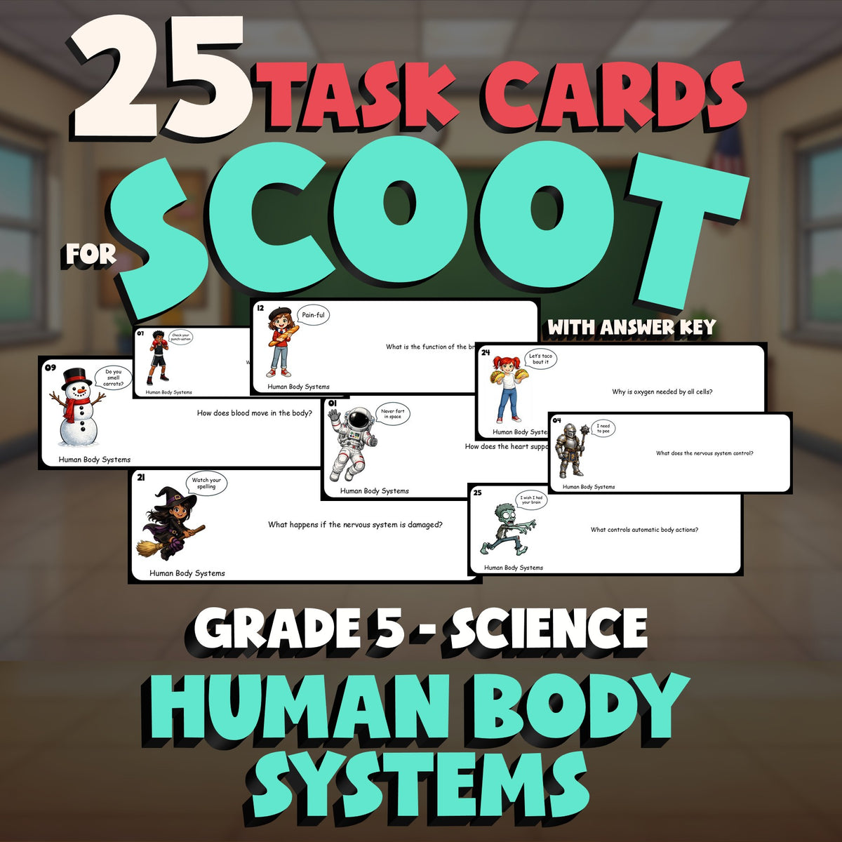 Human Body Systems SCOOT TASK CARDS Science Game - No Prep Grade 5 Review