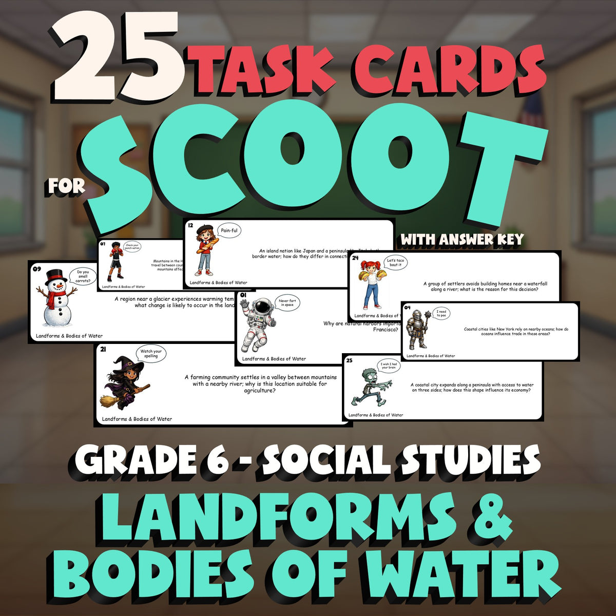 Landforms & Bodies of Water SCOOT TASK CARDS Socials Game - No Prep Grade 6