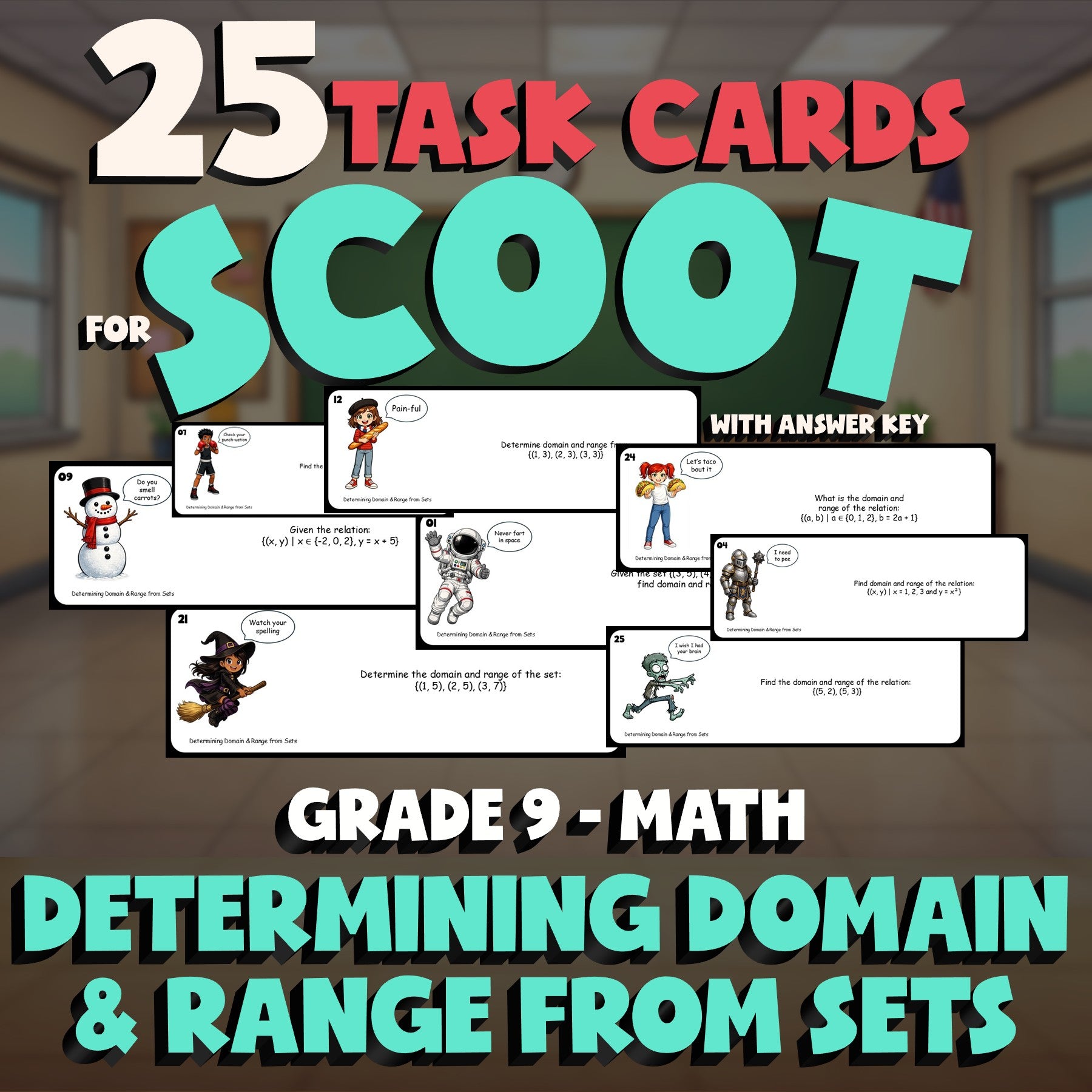 Determining Domain & Range from Sets SCOOT TASK CARDS Math Game - Grade 9