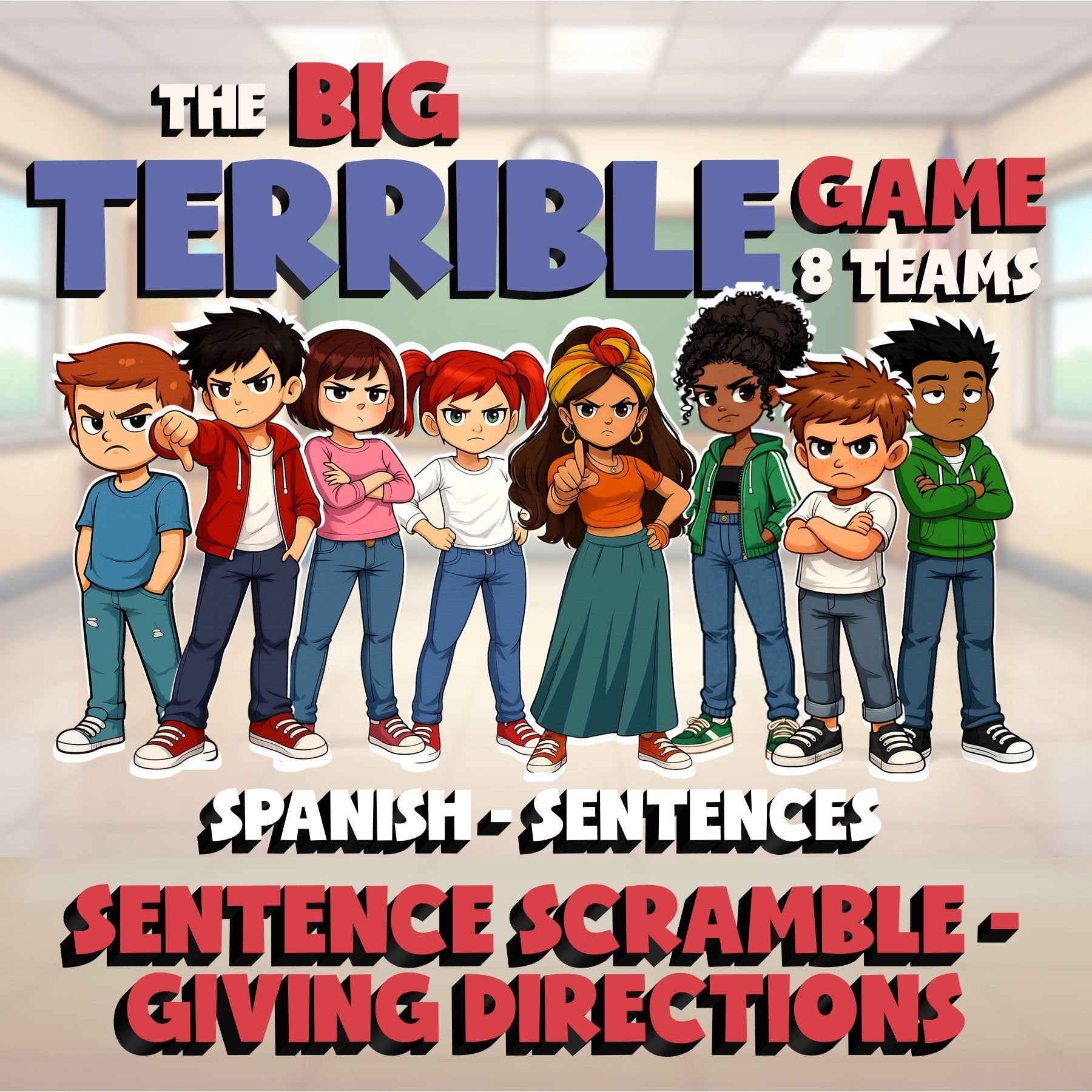 Sentence Scramble - Giving Directions BIG TERRIBLE GAME - Spanish Exercise