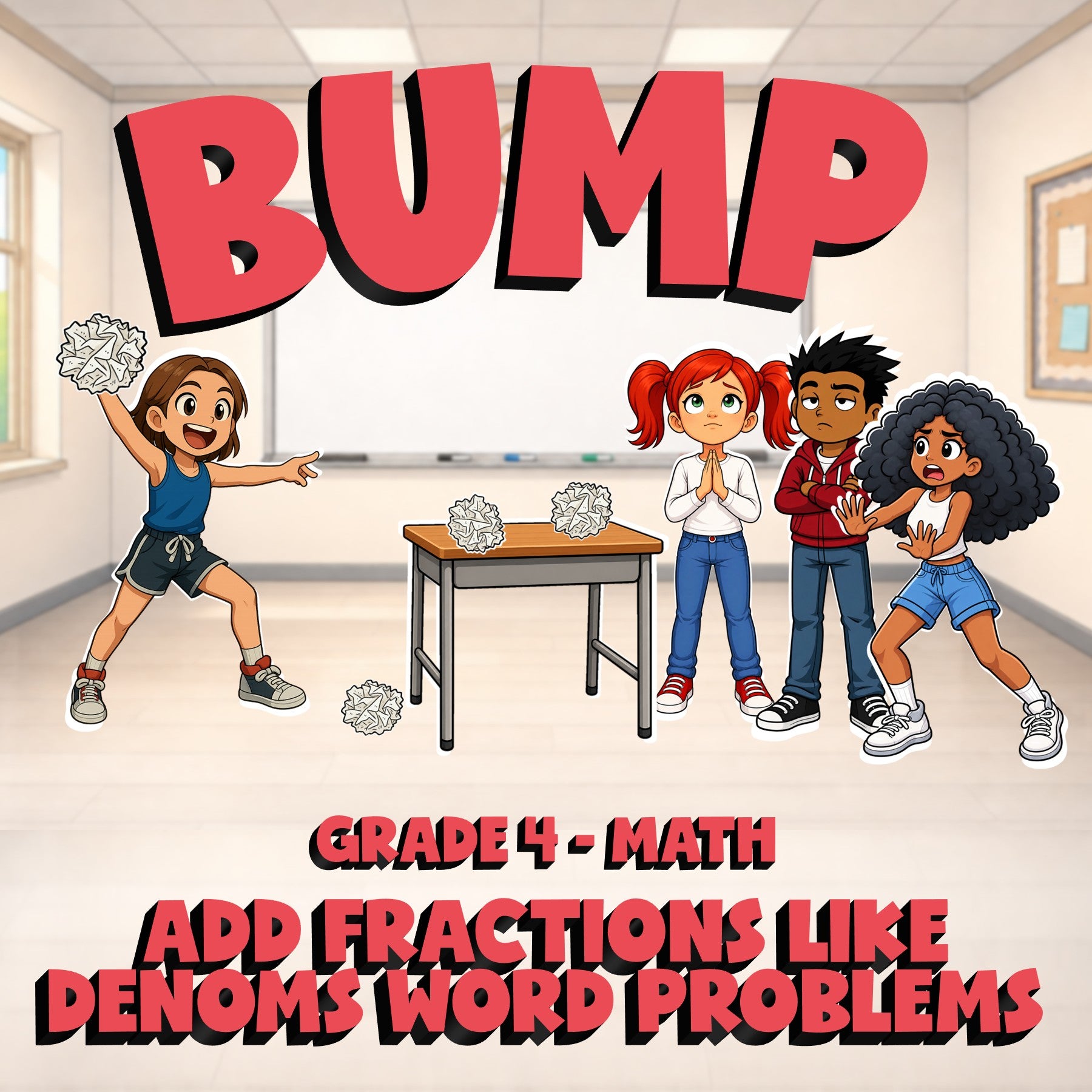 Add Fractions Like Denoms Word Problems BUMP Math Game - No Prep Grade 4 Review