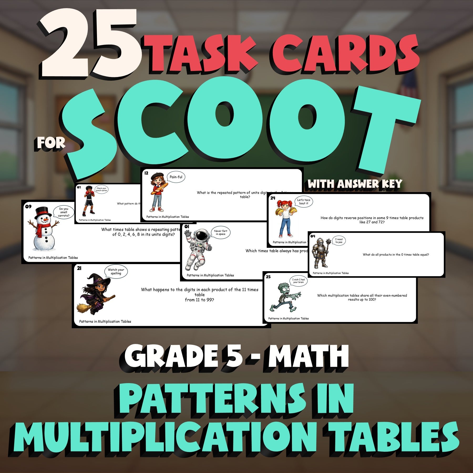 Patterns in Multiplication Tables SCOOT TASK CARDS Math Game - No Prep Grade 5
