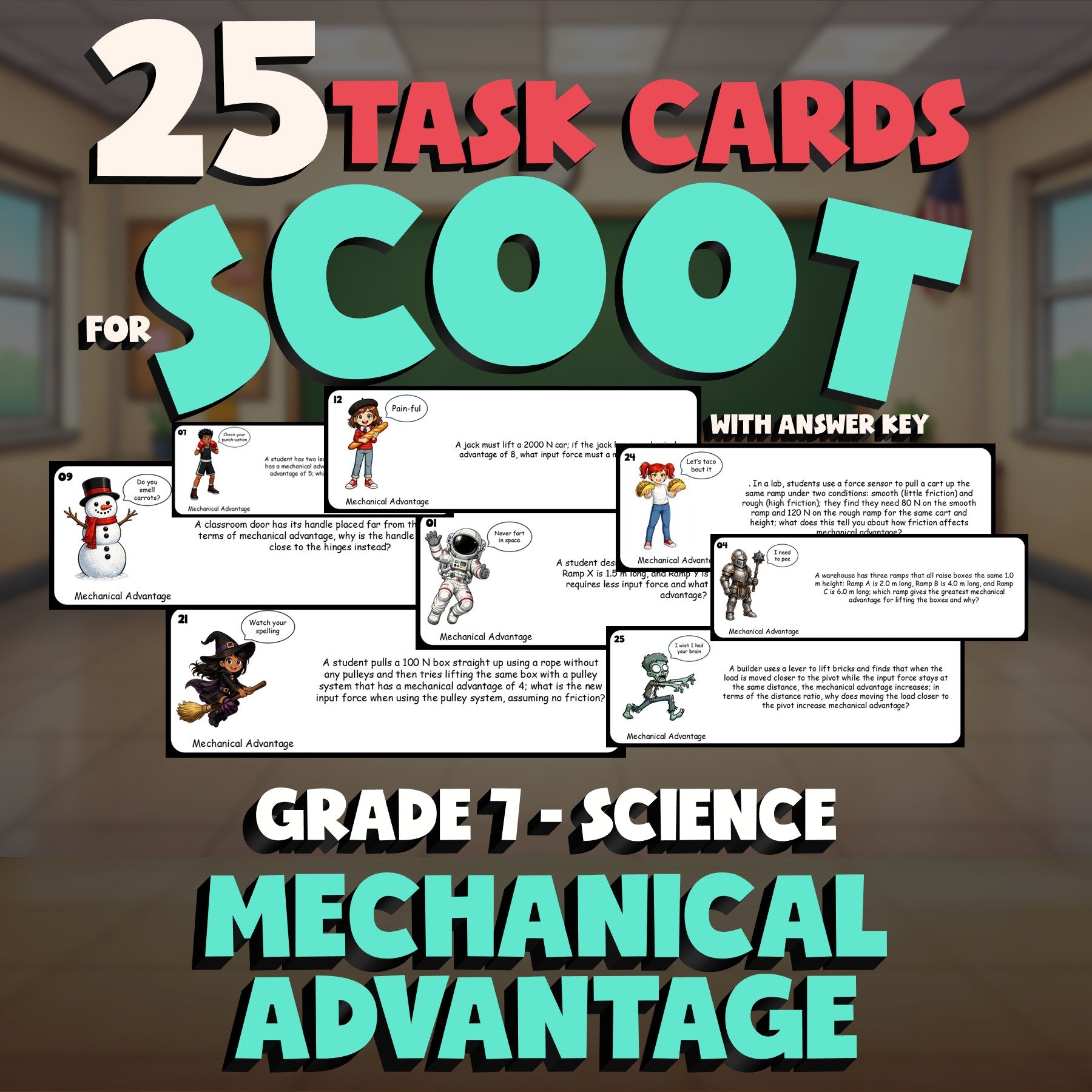Mechanical Advantage SCOOT TASK CARDS Science Game - No Prep Grade 7 Review