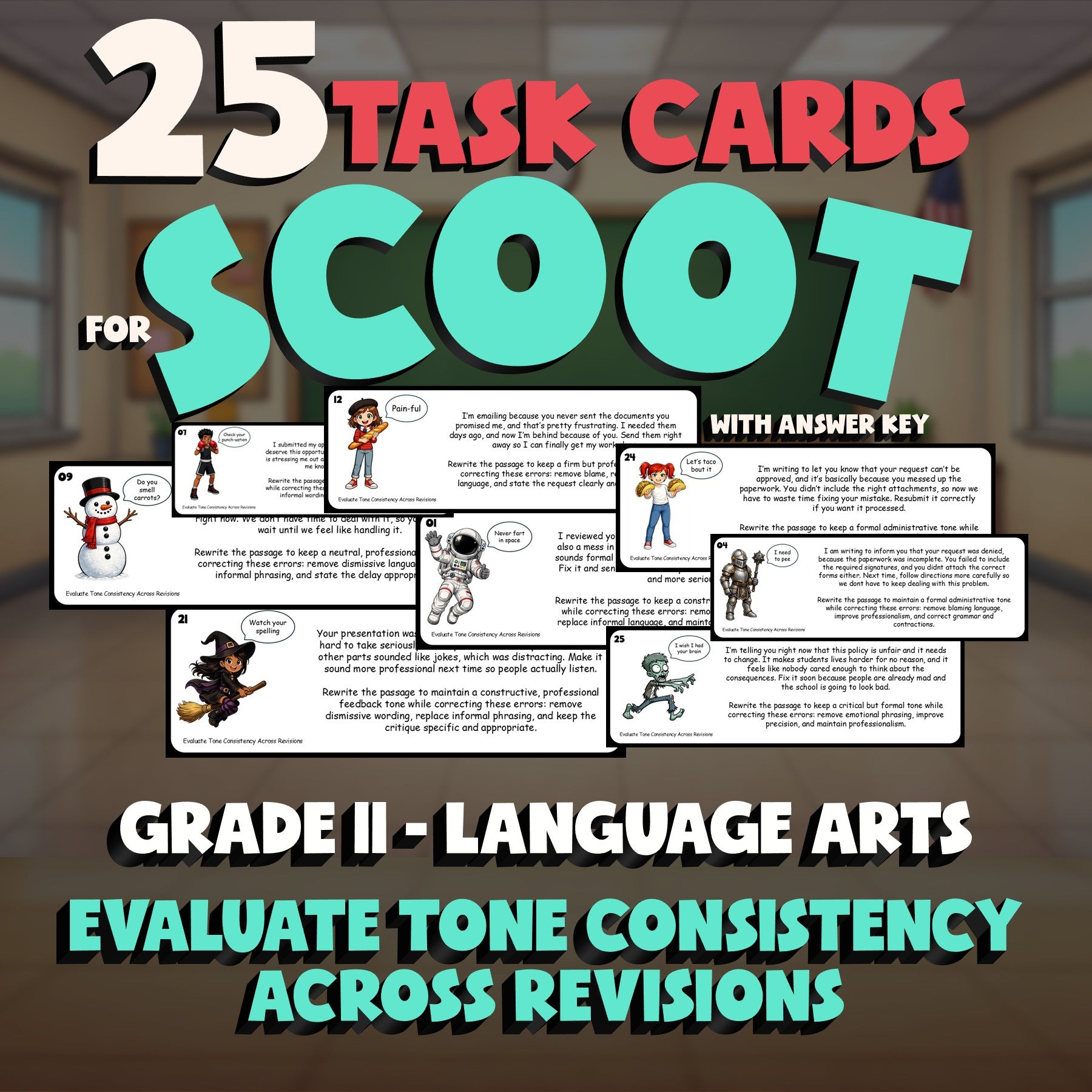 Evaluate Tone Consistency Across Revisions SCOOT TASK CARDS ELA Game - Grade 11