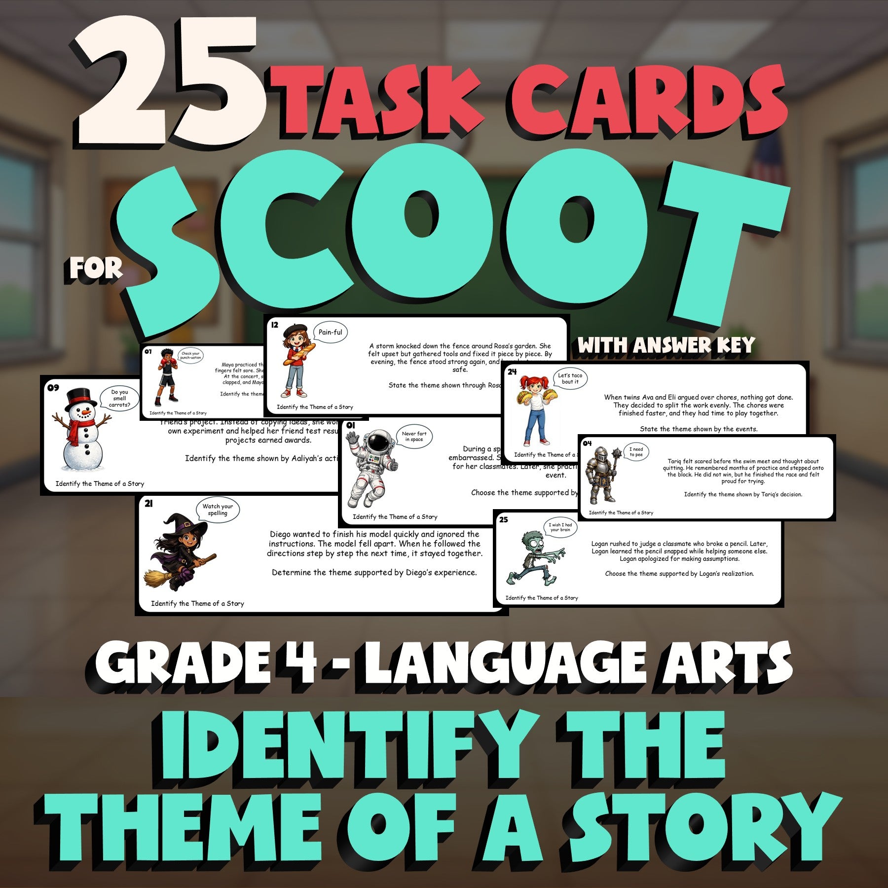 Identify the Theme of a Story SCOOT TASK CARDS ELA Game - No Prep Grade 4 Review