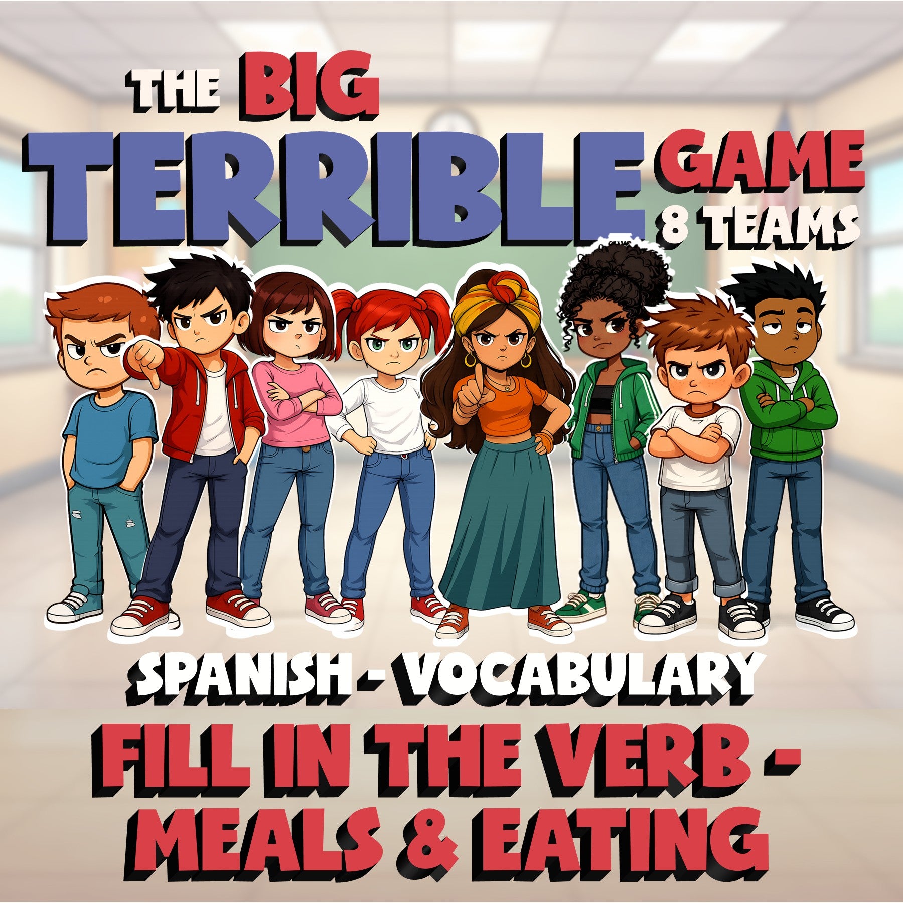 Fill In The Verb - Meals & Eating BIG TERRIBLE GAME - No Prep Spanish Exercise