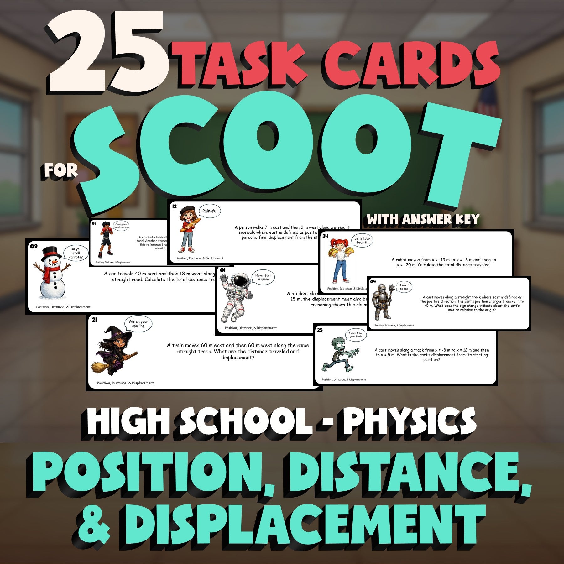Position, Distance, & Displacement SCOOT TASK CARDS Science Game - Physics