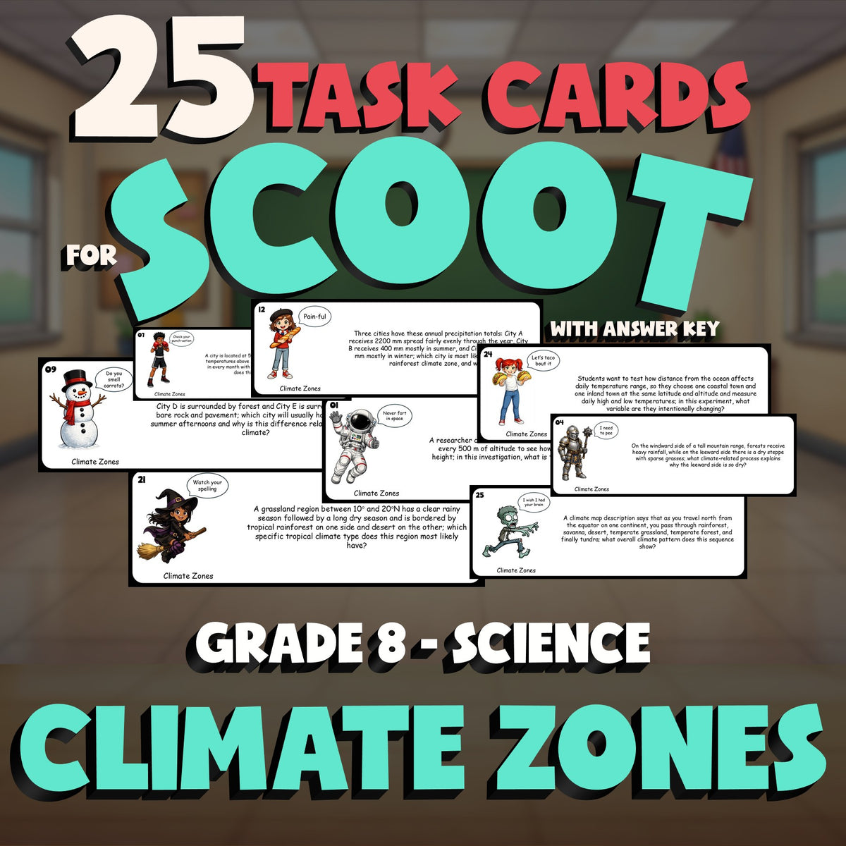 Climate Zones SCOOT TASK CARDS Science Game - No Prep Grade 8 Review Activity