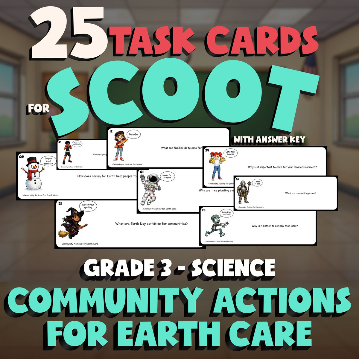 Community Actions for Earth Care SCOOT TASK CARDS Science Game - No Prep Grade 3