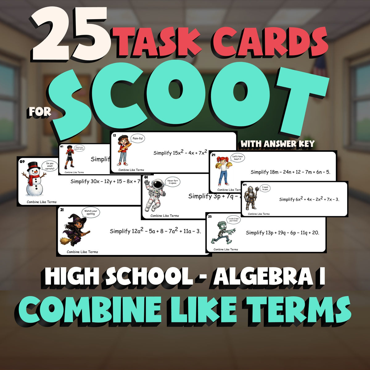 Combine Like Terms SCOOT TASK CARDS Math Game - No Prep Algebra 1 Review