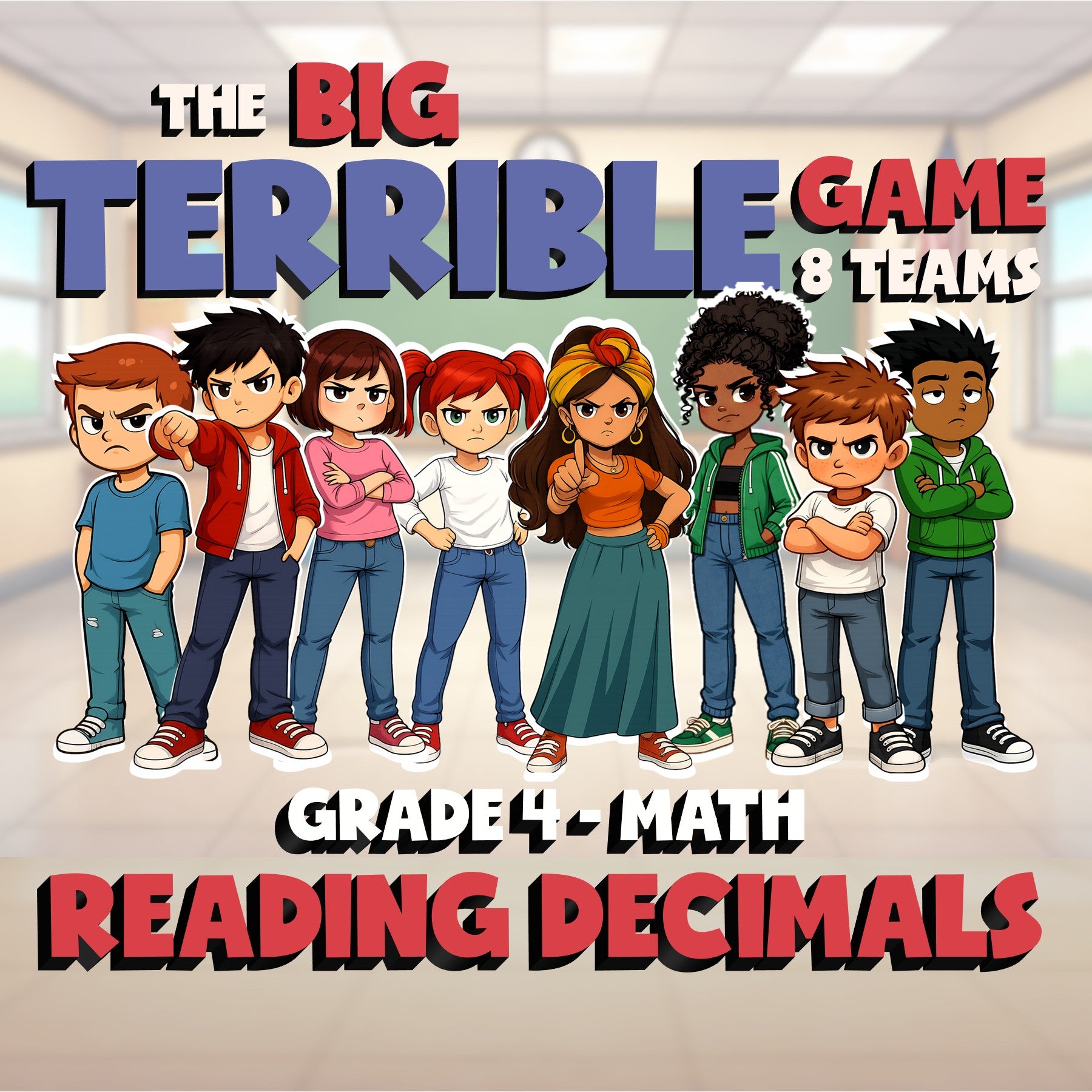 Reading Decimals BIG TERRIBLE GAME - No Prep Grade 4 Math Review Activity