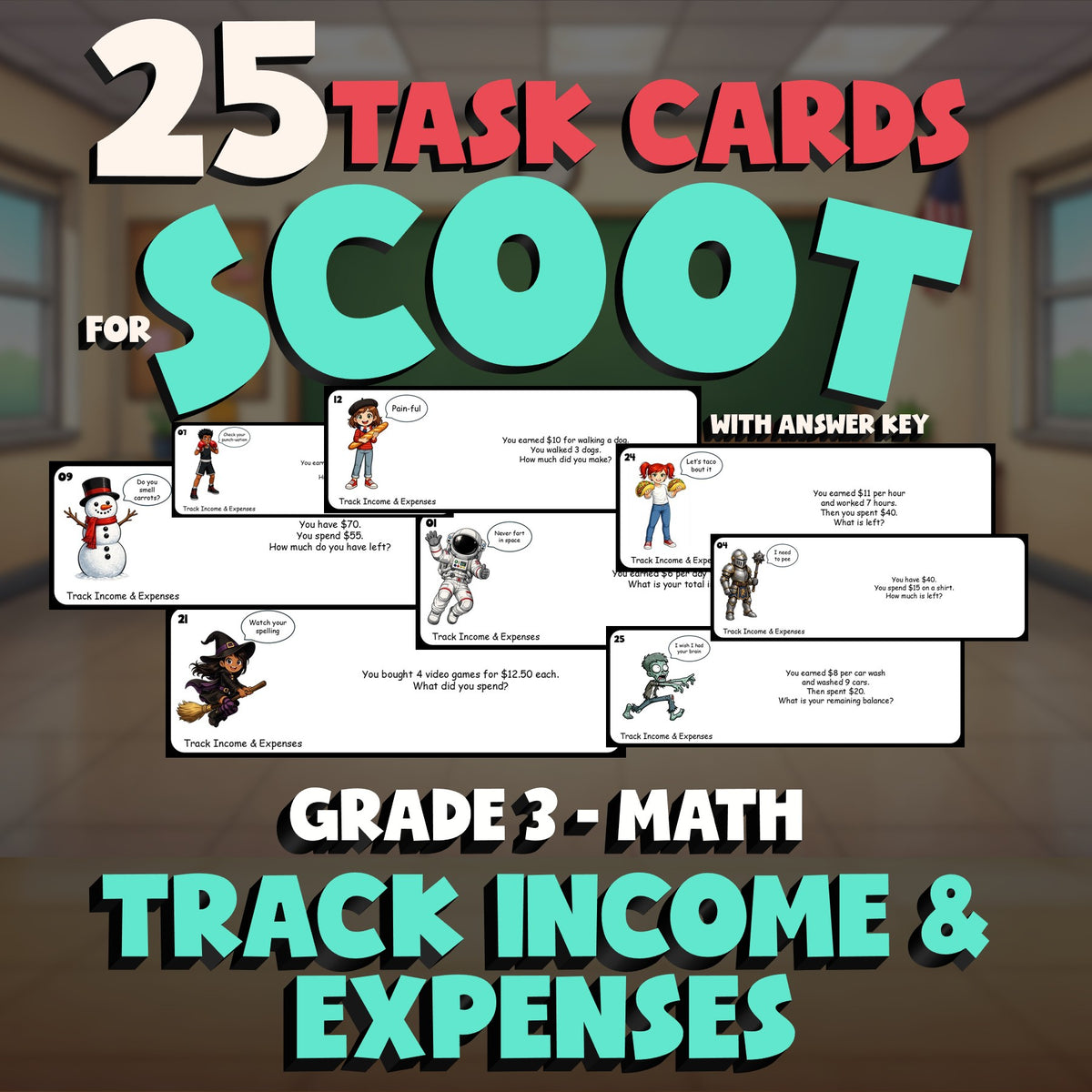 Track Income & Expenses SCOOT TASK CARDS Math Game - No Prep Grade 3 Review