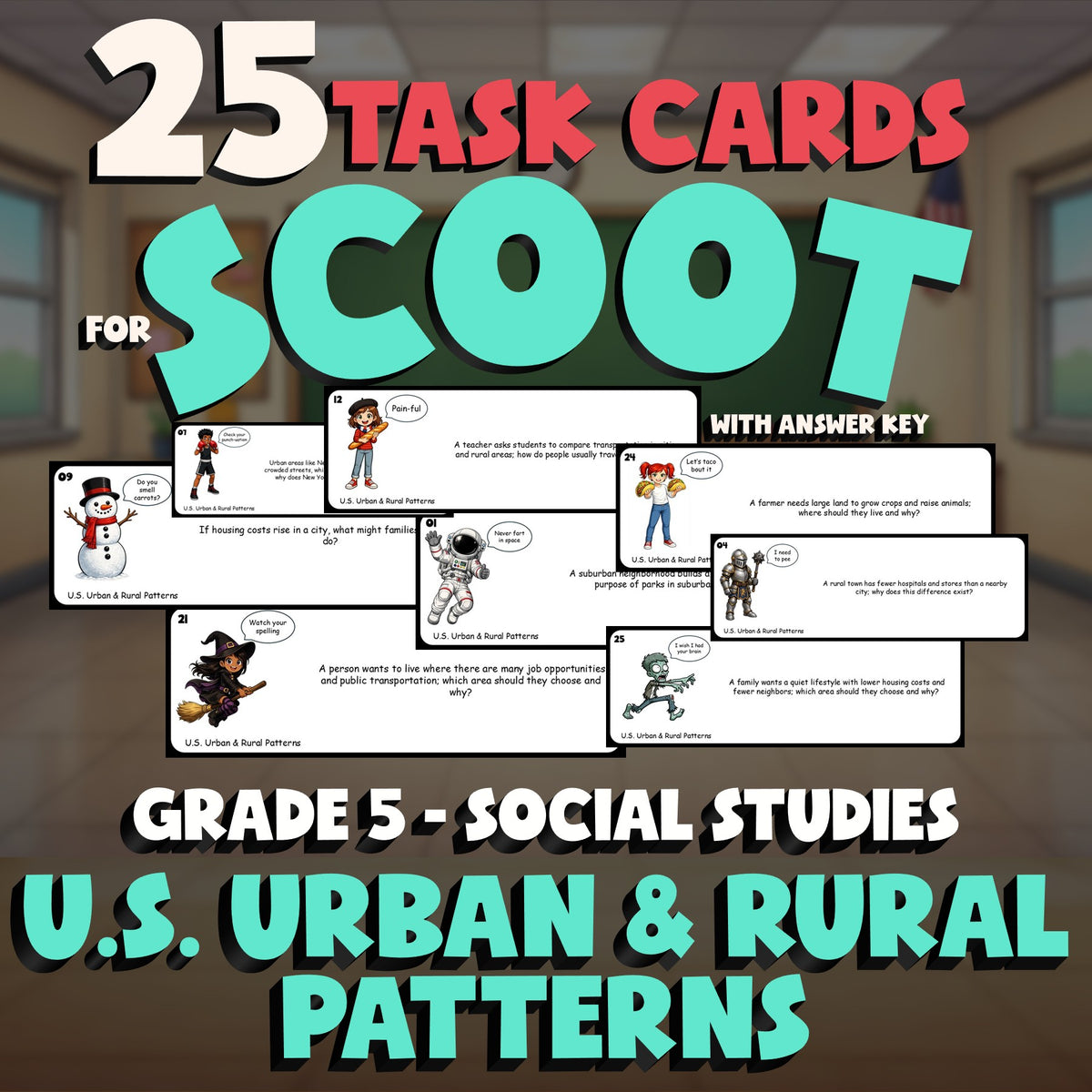 U.S. Urban & Rural Patterns SCOOT TASK CARDS Socials Game - No Prep Grade 5