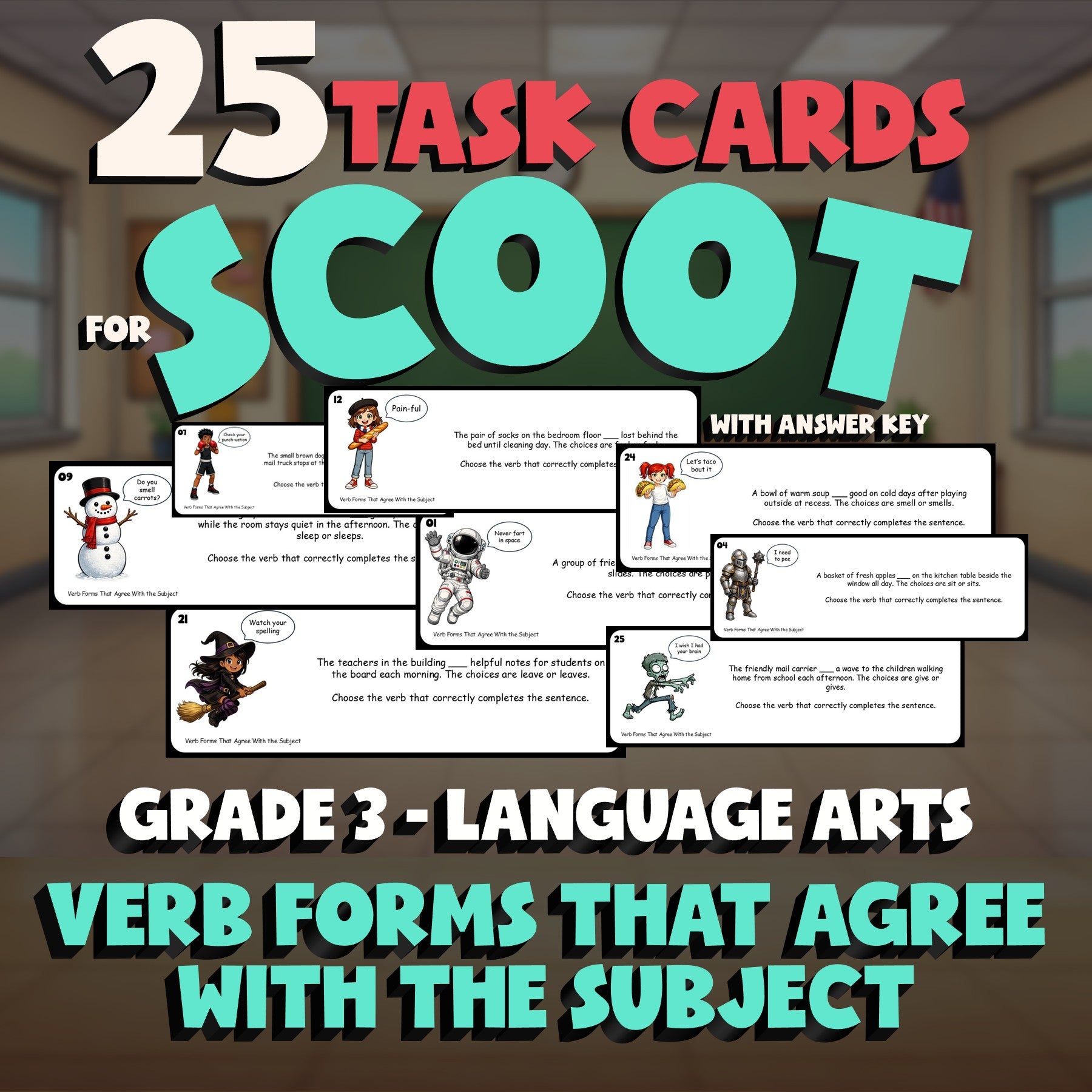 Verb Forms That Agree With the Subject SCOOT TASK CARDS ELA Game - Grade 3