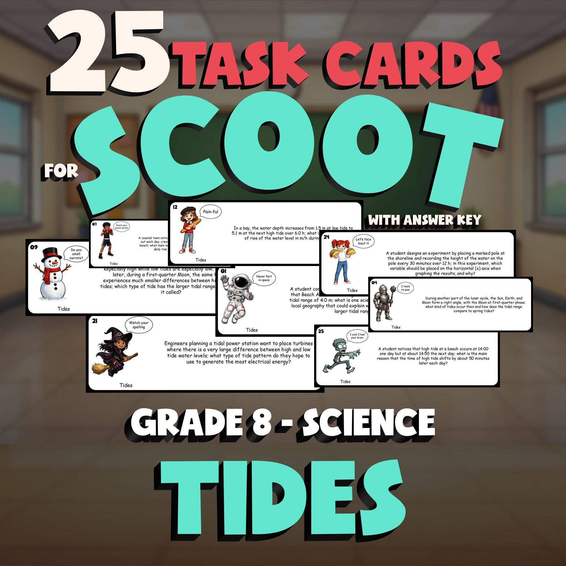 Tides SCOOT TASK CARDS Science Game - No Prep Grade 8 Review Activity