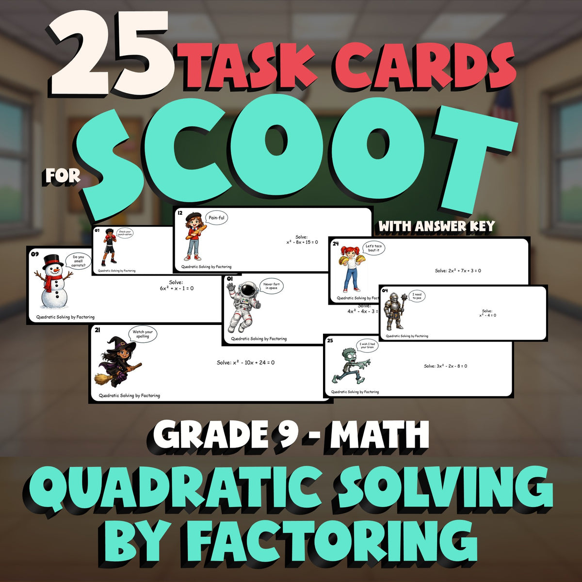 Quadratic Solving by Factoring SCOOT TASK CARDS Math Game - No Prep Grade 9