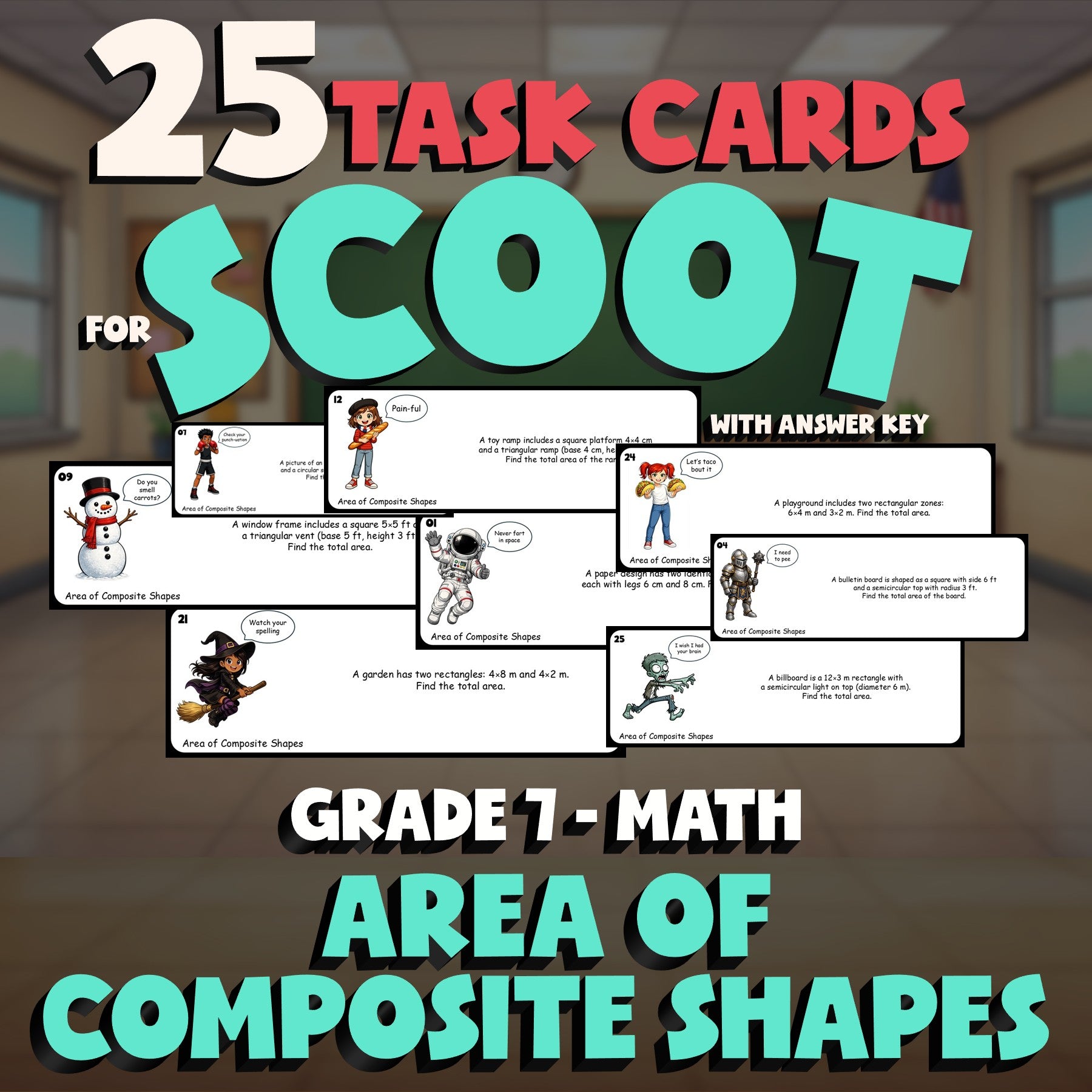 Area of Composite Shapes SCOOT TASK CARDS Math Game - No Prep Grade 7 Review
