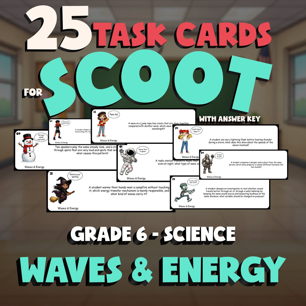 Waves & Energy SCOOT TASK CARDS Science Game - No Prep Grade 6 Review Activity