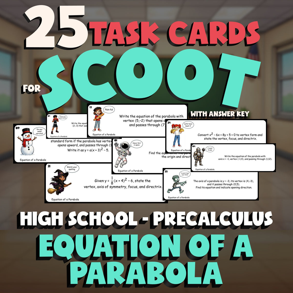 Equation of a Parabola SCOOT TASK CARDS Math Game - No Prep PreCalculus Review