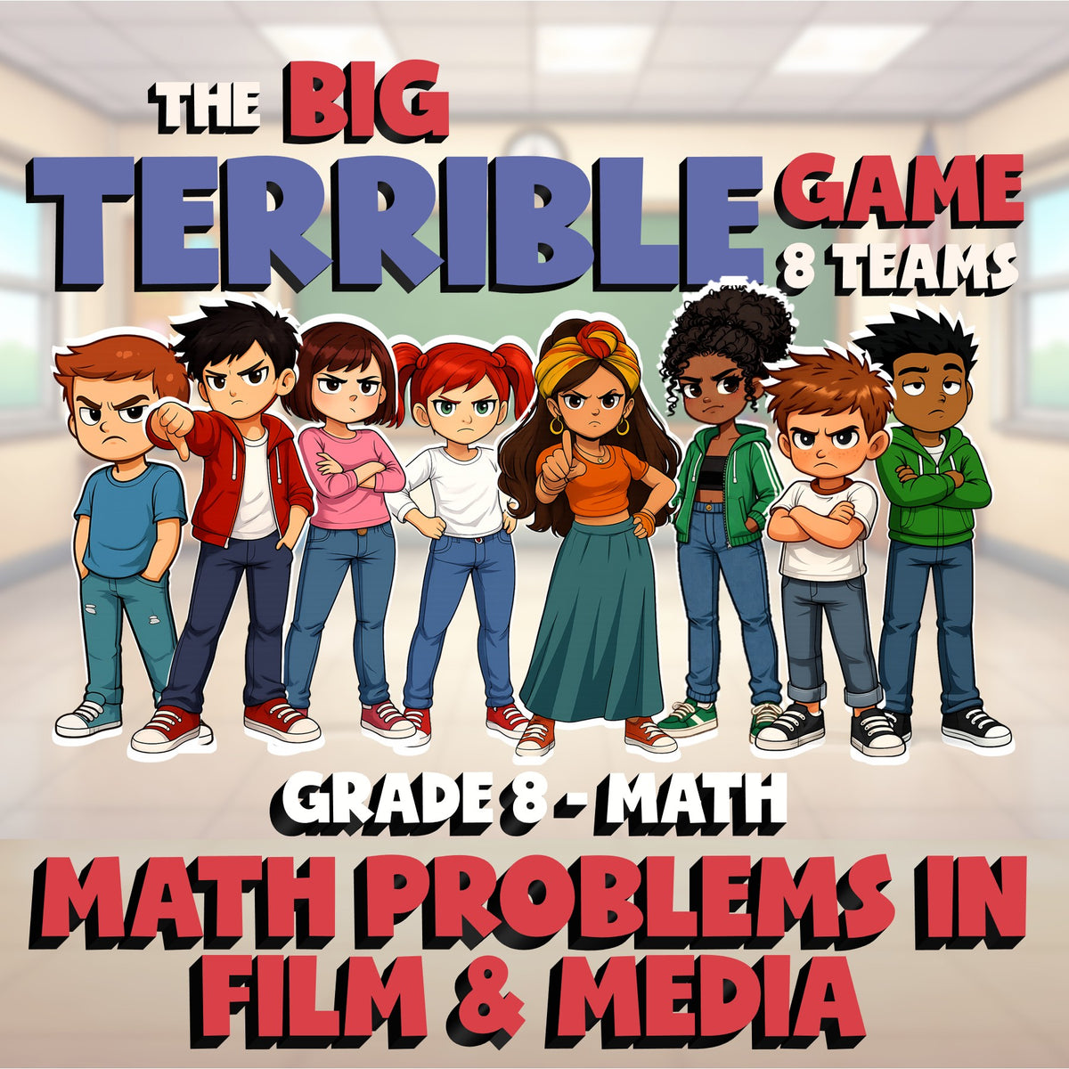 Math Problems in Film & Media BIG TERRIBLE GAME - No Prep Grade 8 Math Review