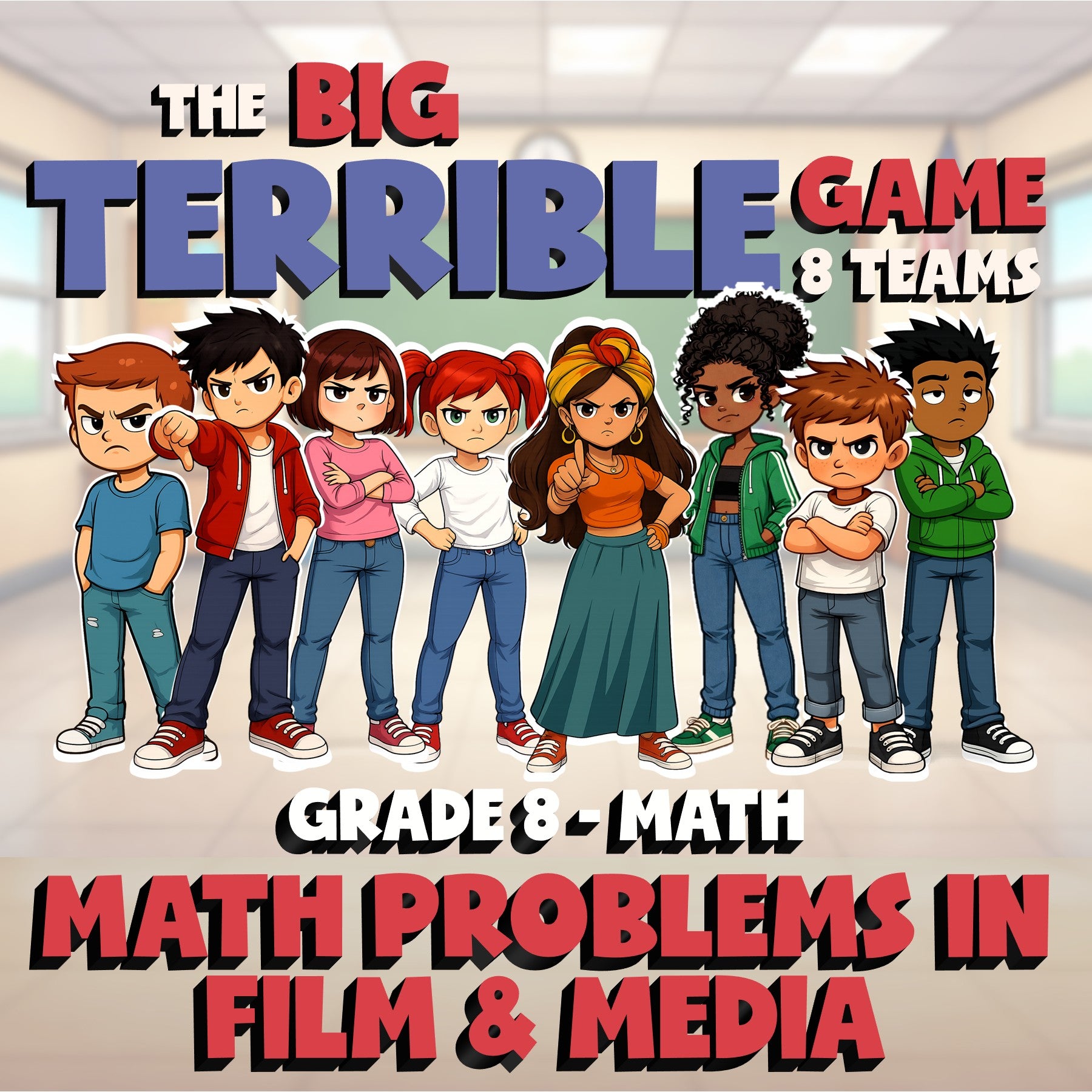 Math Problems in Film & Media BIG TERRIBLE GAME - No Prep Grade 8 Math Review