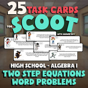 Two Step Equations Word Problems SCOOT TASK CARDS Math Game - No Prep Algebra 1