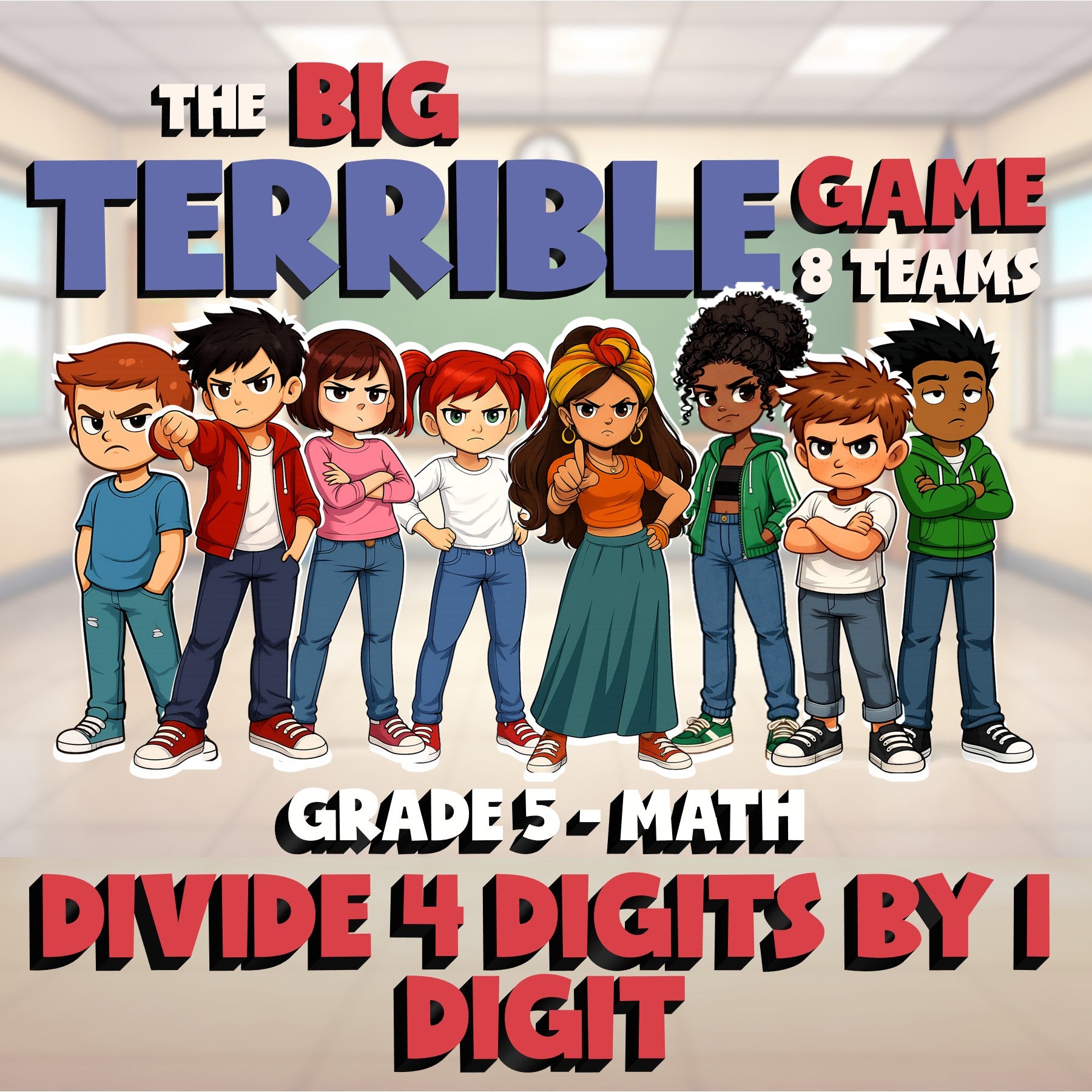 Divide 4 Digits by 1 Digit BIG TERRIBLE GAME - No Prep Grade 5 Math Review