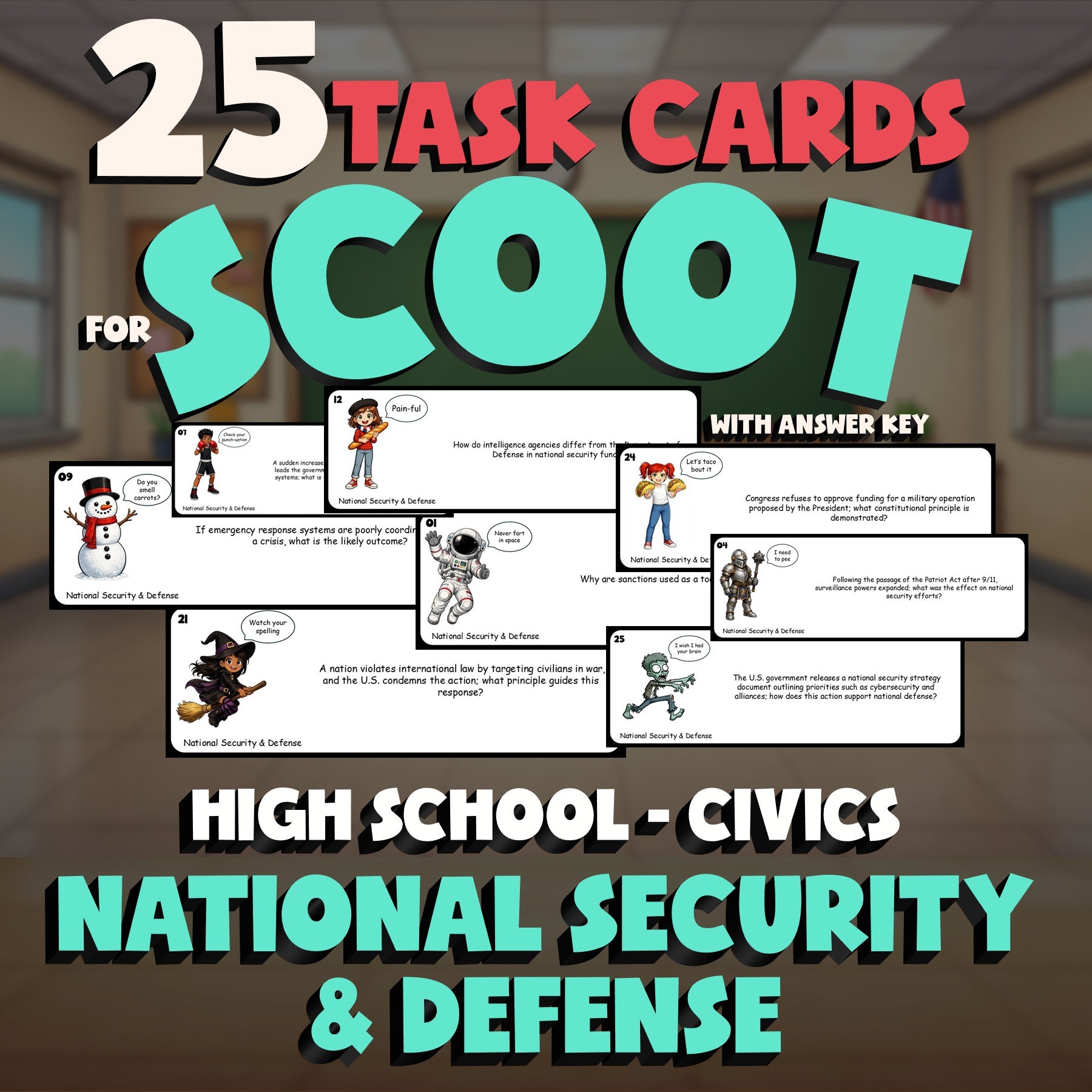 National Security & Defense SCOOT TASK CARDS Civics Game - No Prep Review