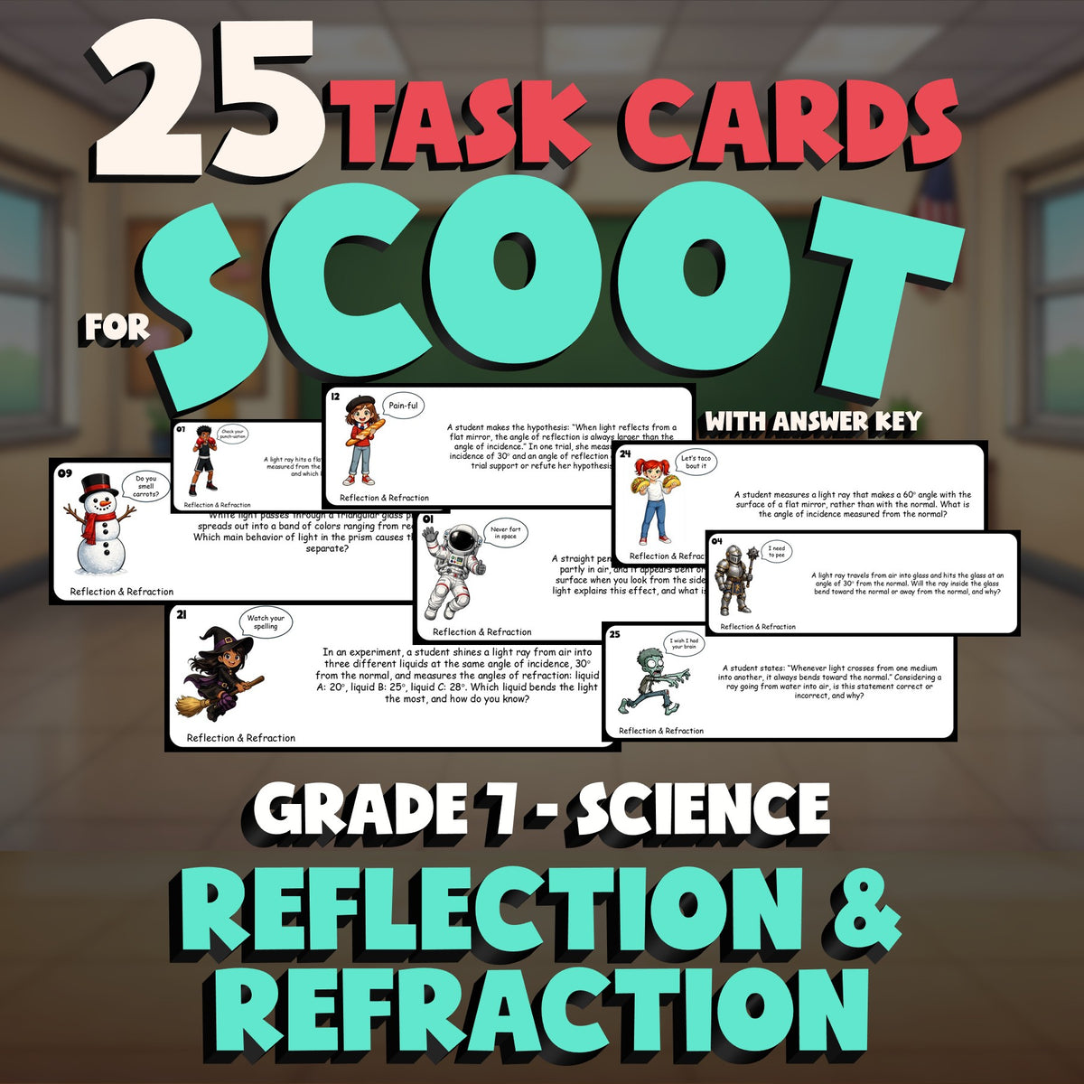 Reflection & Refraction SCOOT TASK CARDS Science Game - No Prep Grade 7 Review