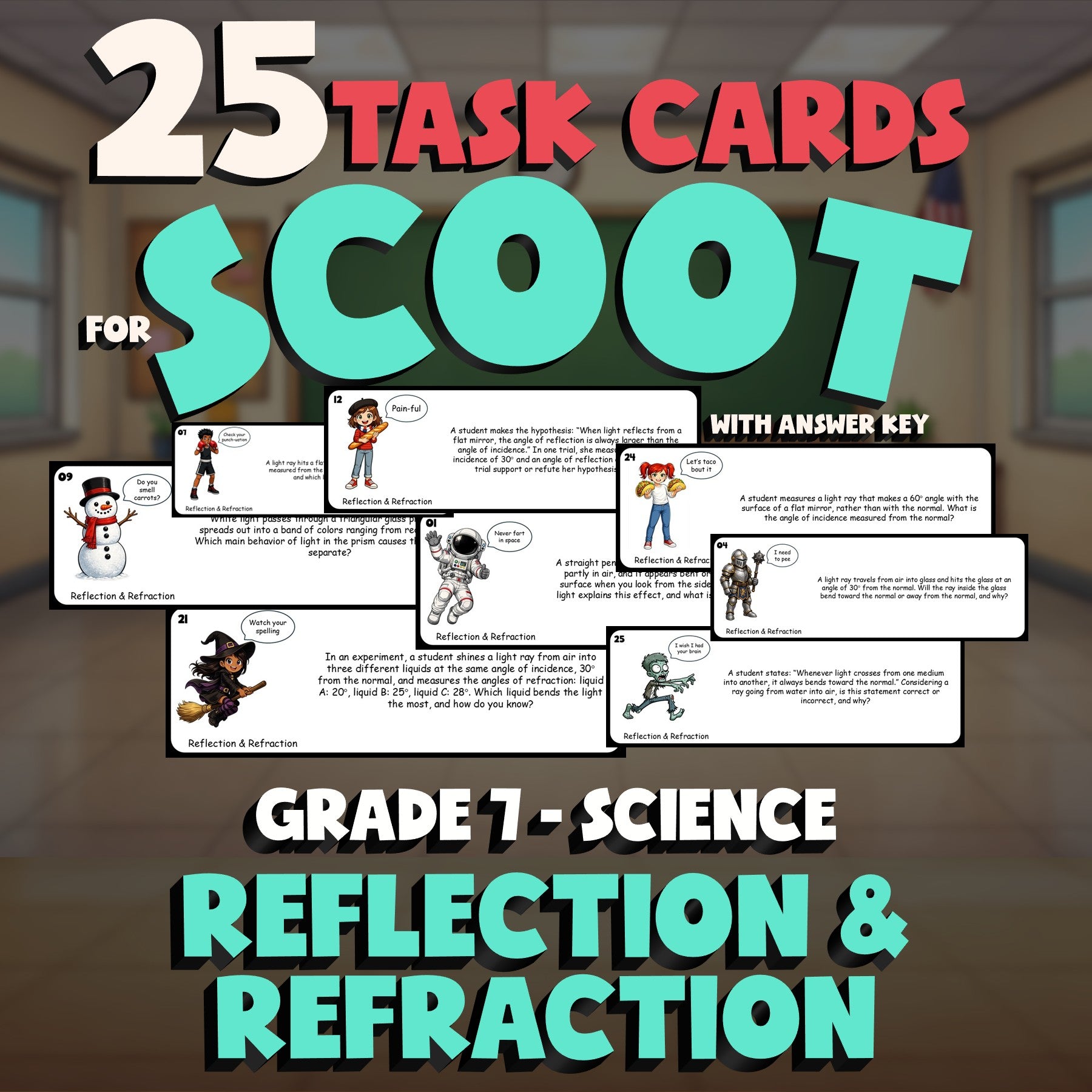 Reflection & Refraction SCOOT TASK CARDS Science Game - No Prep Grade 7 Review