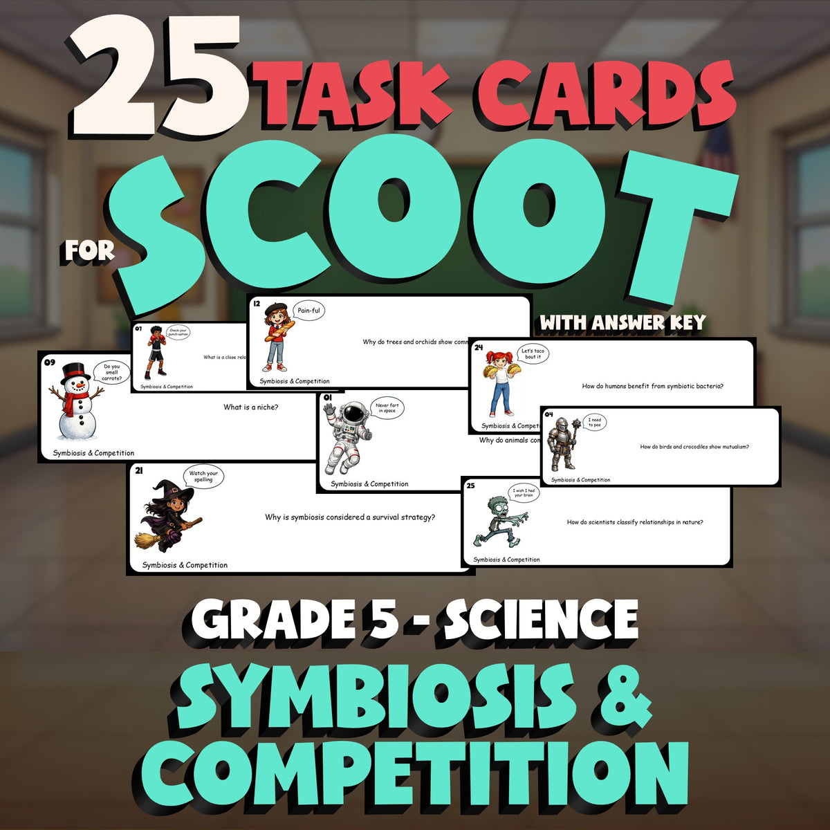 Symbiosis & Competition SCOOT TASK CARDS Science Game - No Prep Grade 5 Review