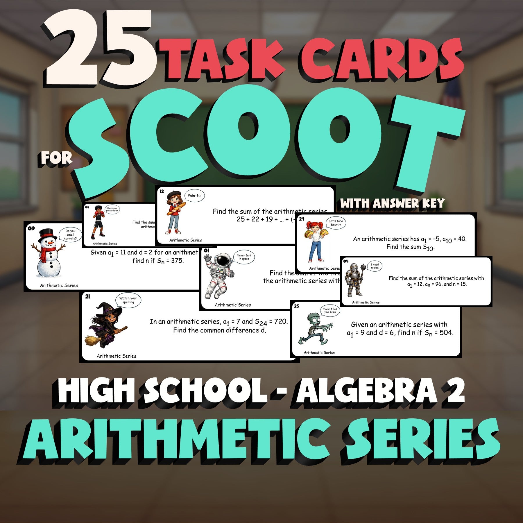 Arithmetic Series SCOOT TASK CARDS Math Game - No Prep Algebra 2 Review Activity