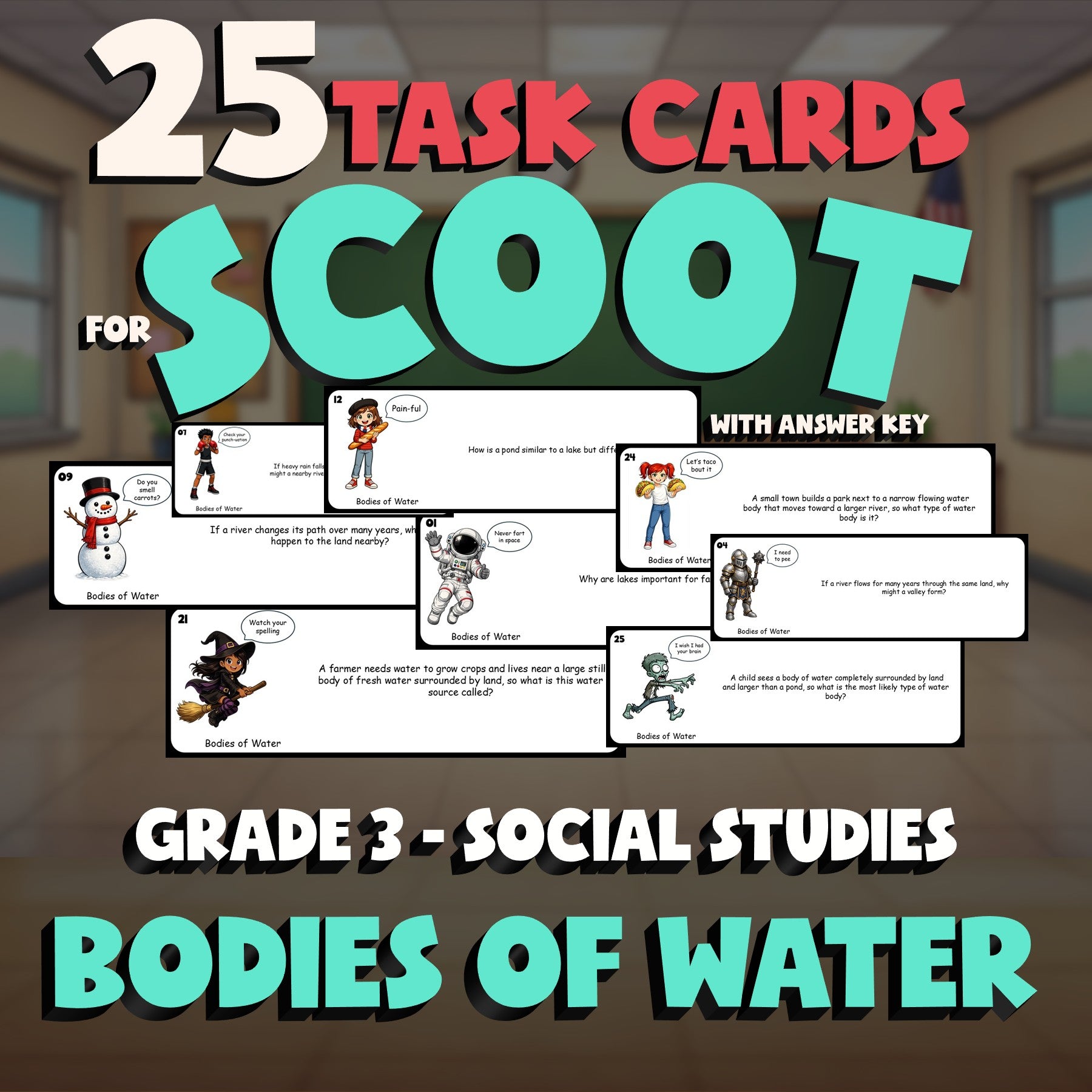 Bodies of Water SCOOT TASK CARDS Socials Game - No Prep Grade 3 Review Activity