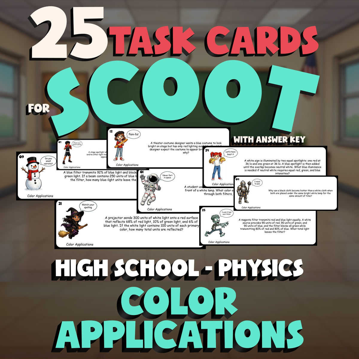 Color Applications SCOOT TASK CARDS Science Game - No Prep Physics Review