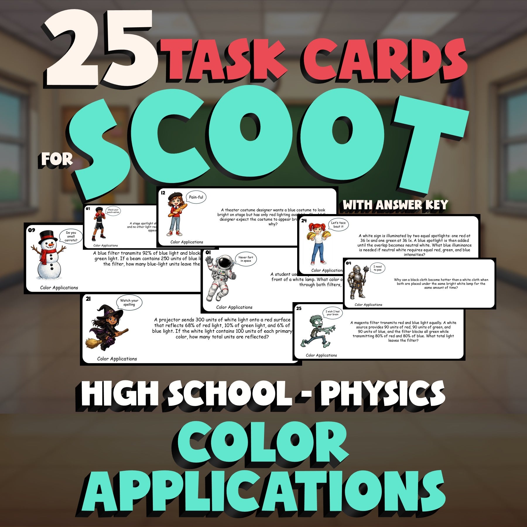 Color Applications SCOOT TASK CARDS Science Game - No Prep Physics Review