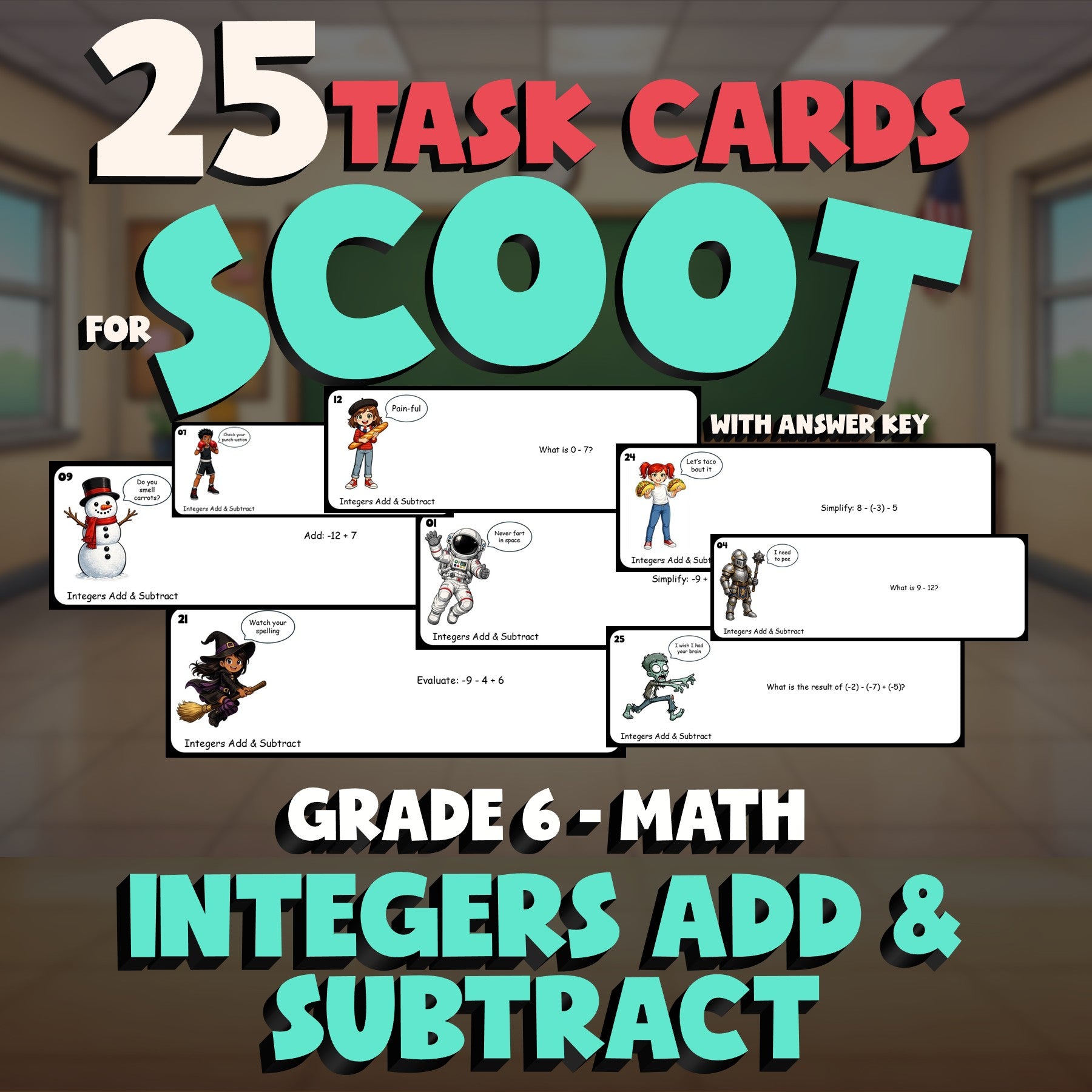 Integers Add & Subtract SCOOT TASK CARDS Math Game - No Prep Grade 6 Review