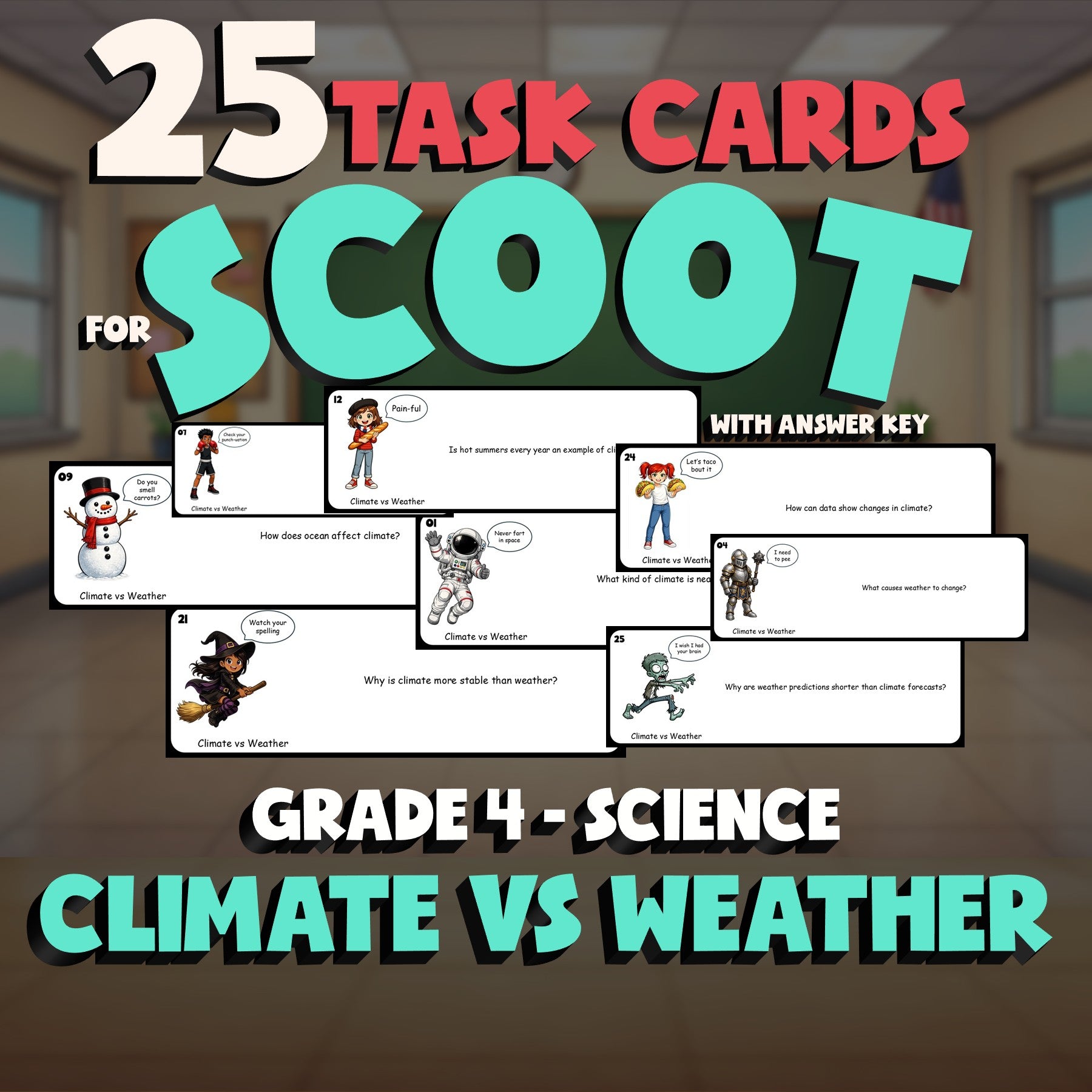 Climate vs Weather SCOOT TASK CARDS Science Game - No Prep Grade 4 Review