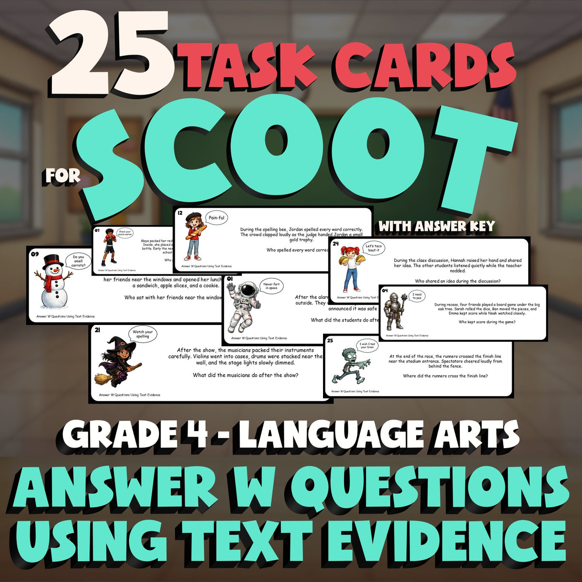Answer W Questions Using Text Evidence SCOOT TASK CARDS ELA Game - Grade 4