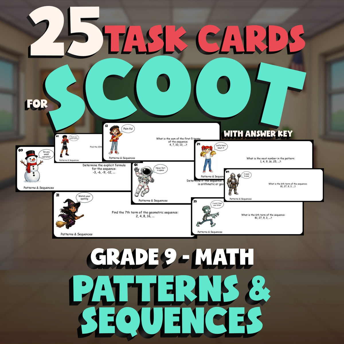 Patterns & Sequences SCOOT TASK CARDS Math Game - No Prep Grade 9 Review