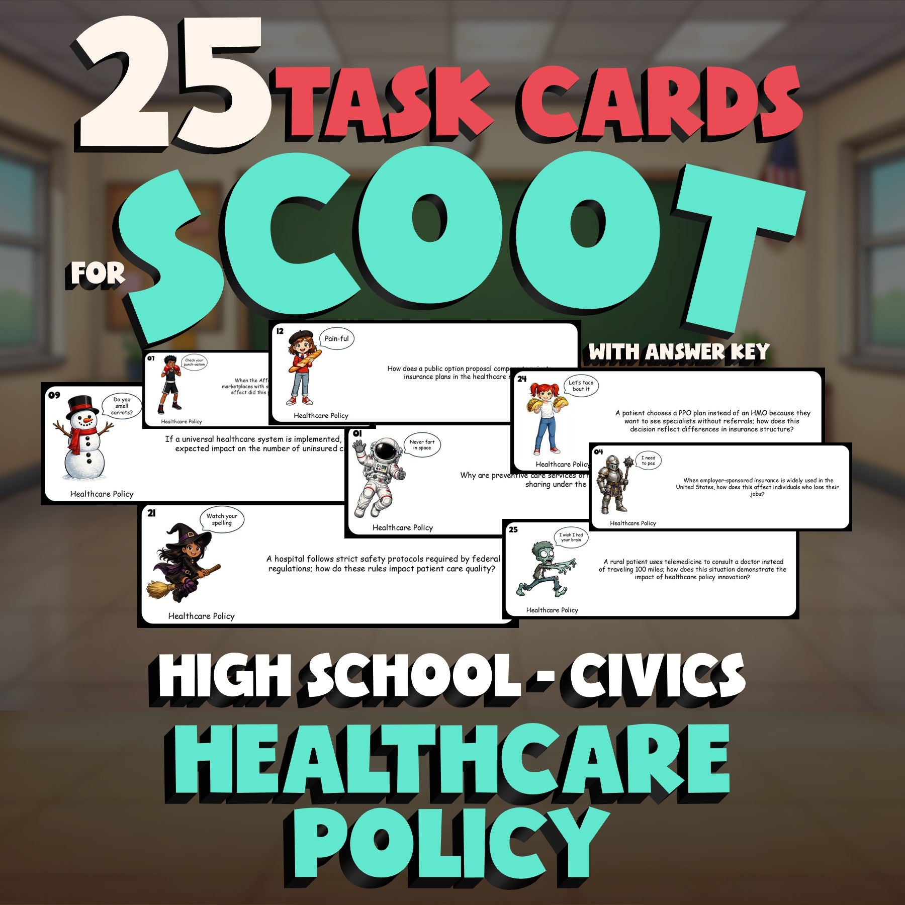 Healthcare Policy SCOOT TASK CARDS Civics Game - No Prep Review Activity