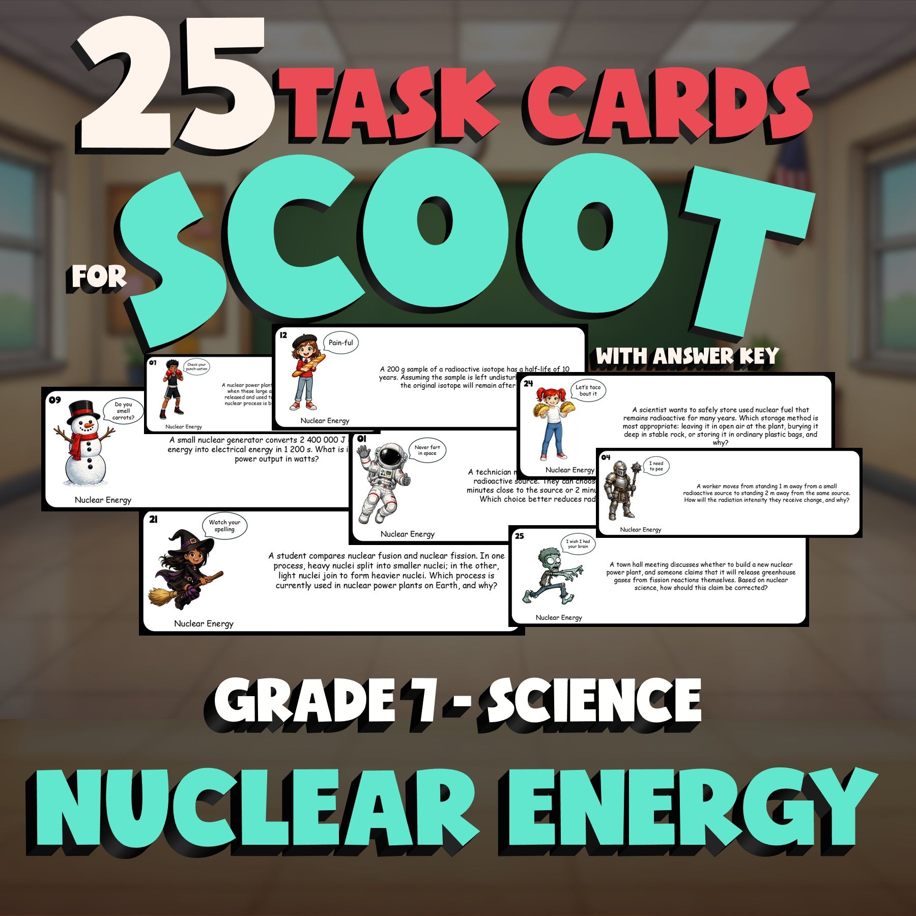 Nuclear Energy SCOOT TASK CARDS Science Game - No Prep Grade 7 Review Activity