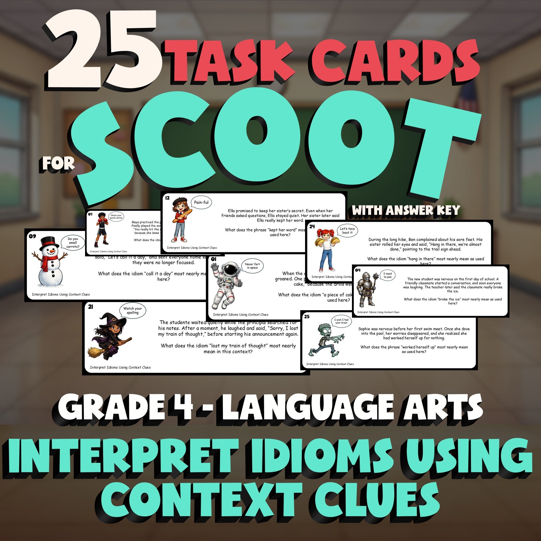 Interpret Idioms Using Context Clues SCOOT TASK CARDS ELA Game - No Prep Grade 4