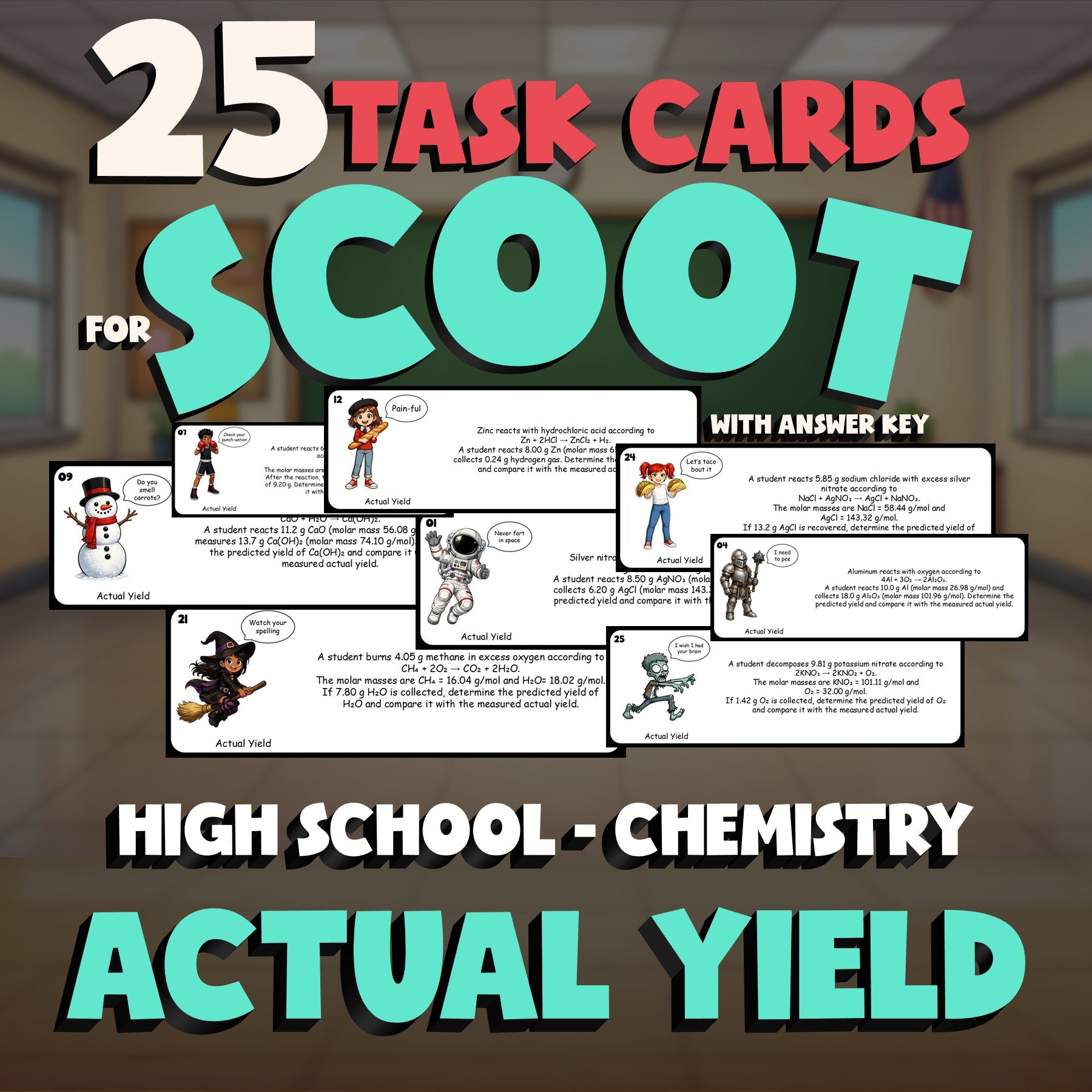 Actual Yield SCOOT TASK CARDS Science Game - No Prep Chemistry Review Activity