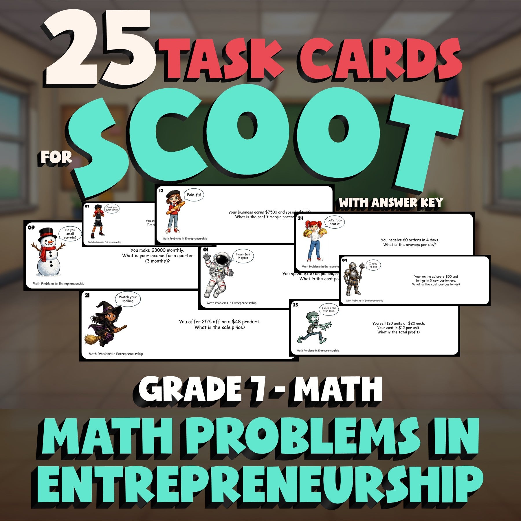 Math Problems in Entrepreneurship SCOOT TASK CARDS Math Game - No Prep Grade 7