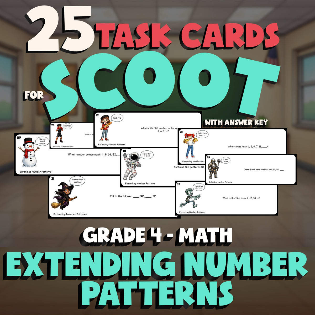 Extending Number Patterns SCOOT TASK CARDS Math Game - No Prep Grade 4 Review