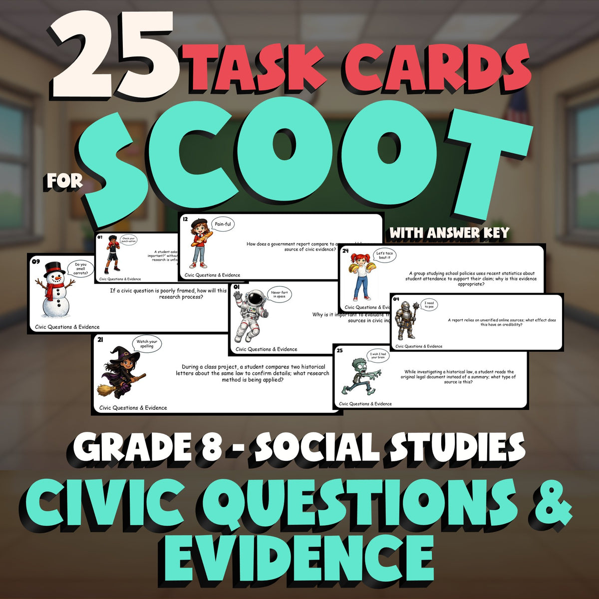 Civic Questions & Evidence SCOOT TASK CARDS Socials Game - No Prep Grade 8