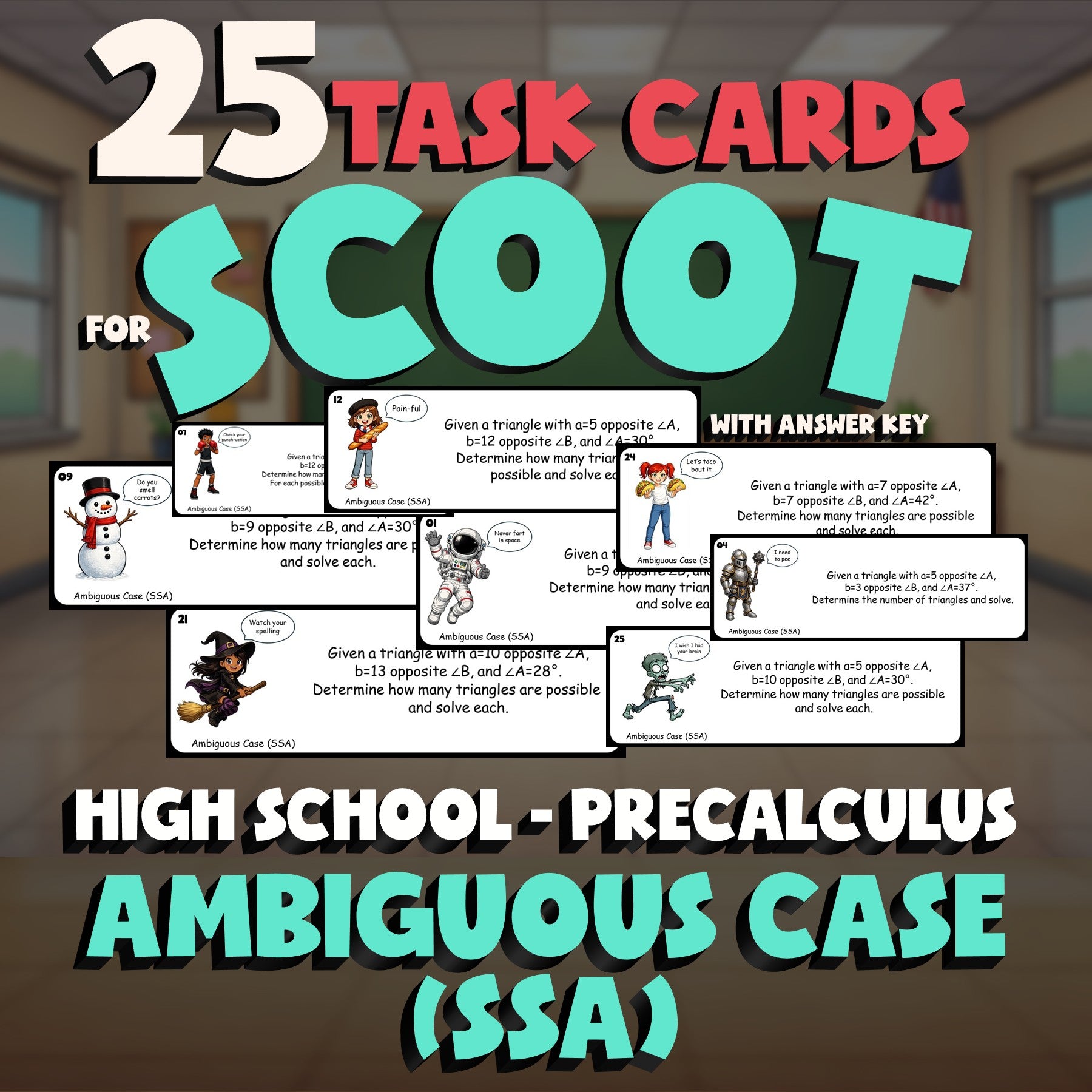 Ambiguous Case (SSA) SCOOT TASK CARDS Math Game - No Prep PreCalculus Review